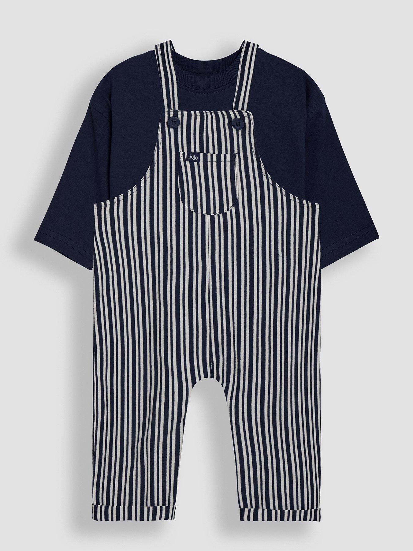 JoJo Maman Bebe Baby Boys 2-Piece Stripe Dungarees  &  Top Set - Navy