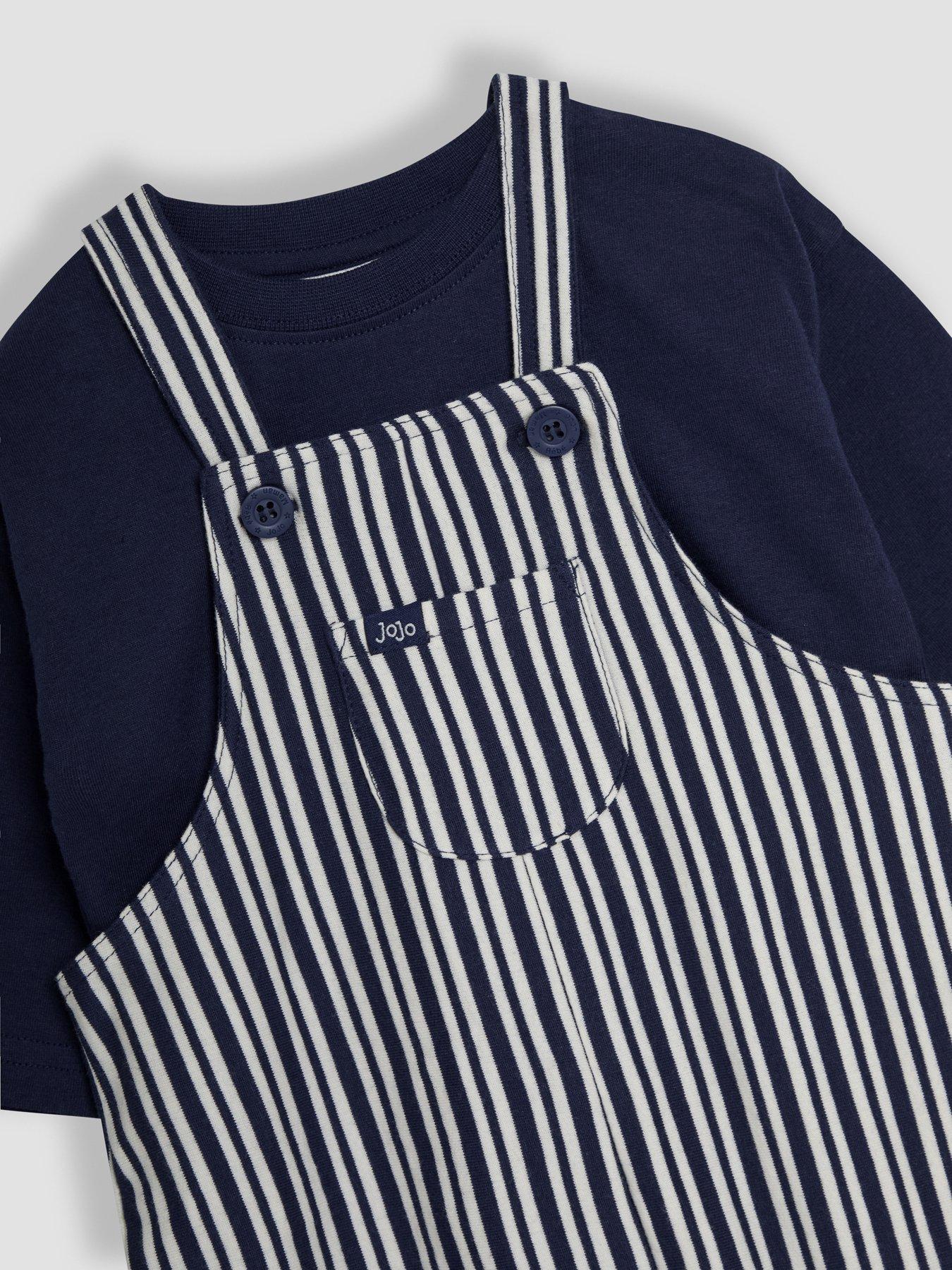 Image 5 of 5 of JoJo Maman Bebe Baby Boys 2-Piece Stripe Dungarees &amp; Top Set - Navy