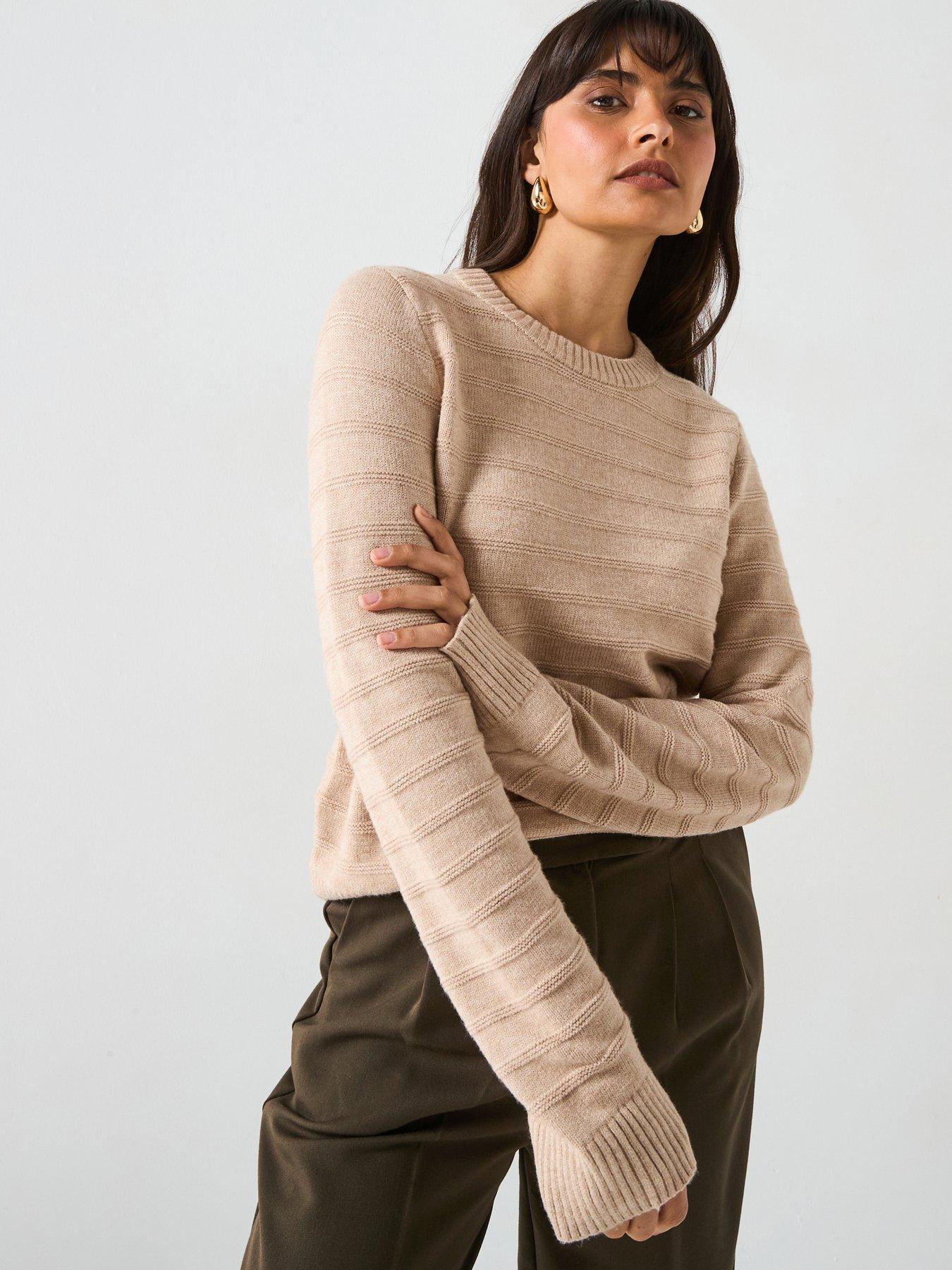 undefined Classic Comfort Crew Neck Stitch Interest Jumper - Beige