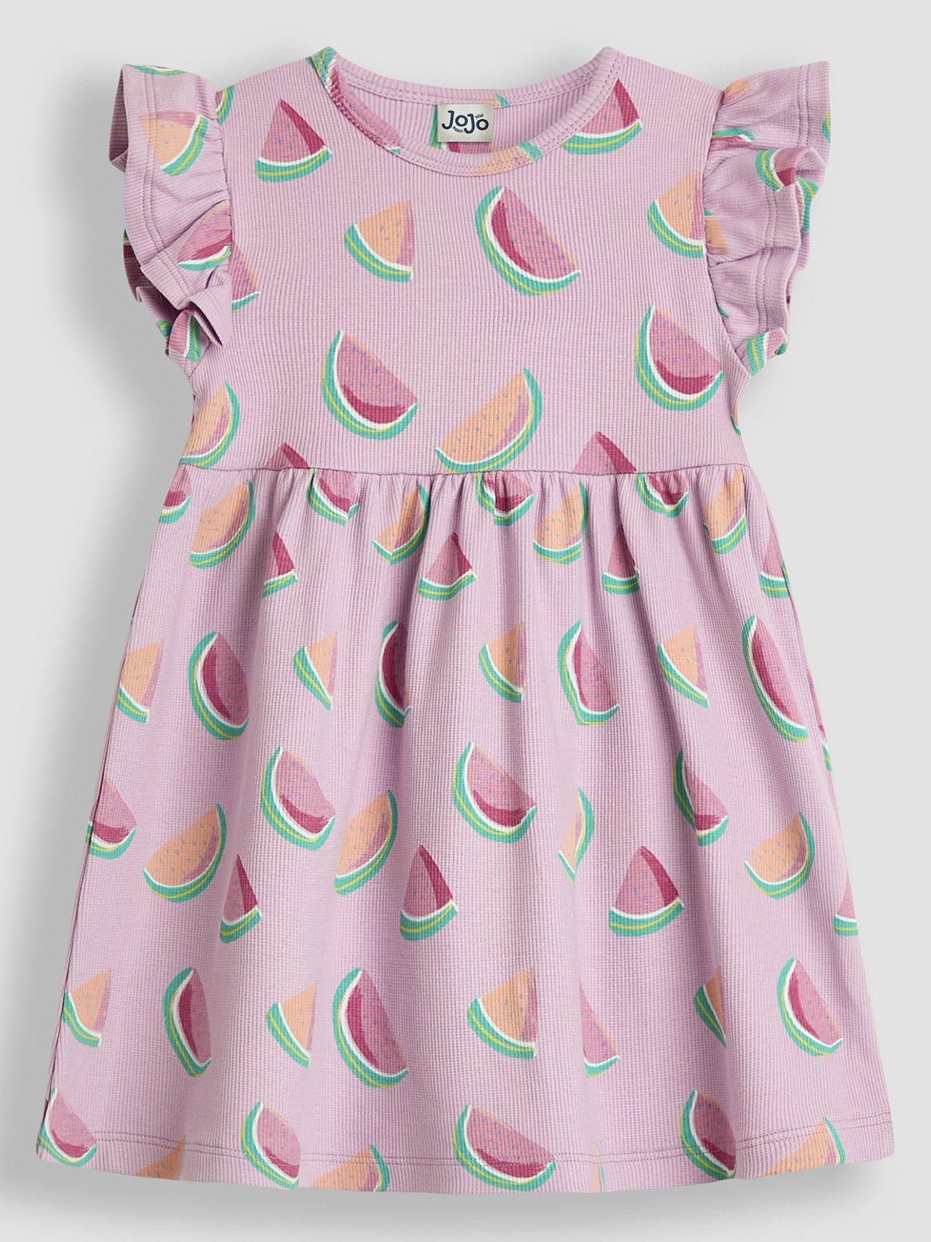 JoJo Maman Bebe Girls Watermelon Ruffle Sleeve Tiered Dress - Purple