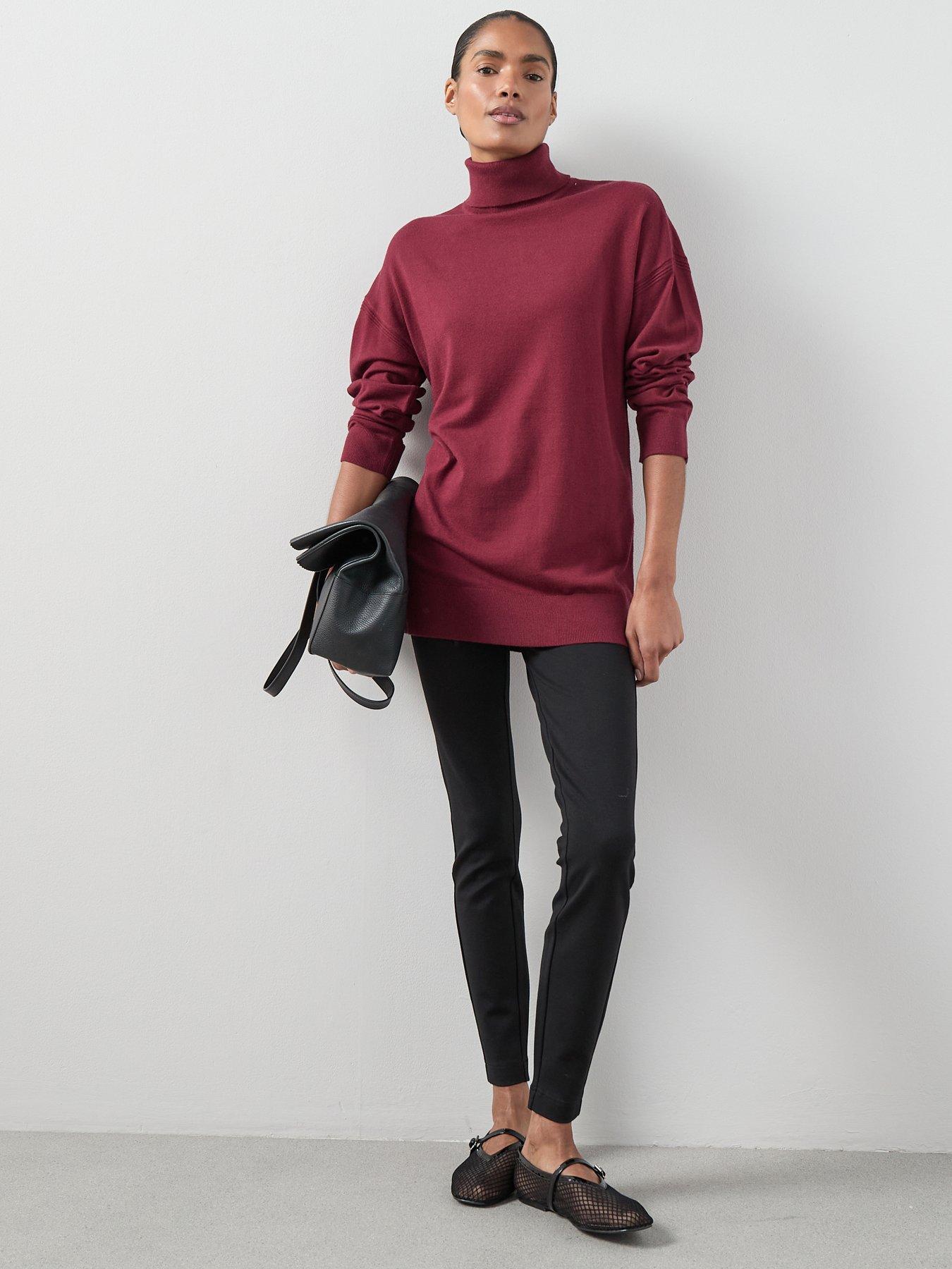 front image of the-very-collection-classic-comfort-longline-roll-neck-jumper-burgundy