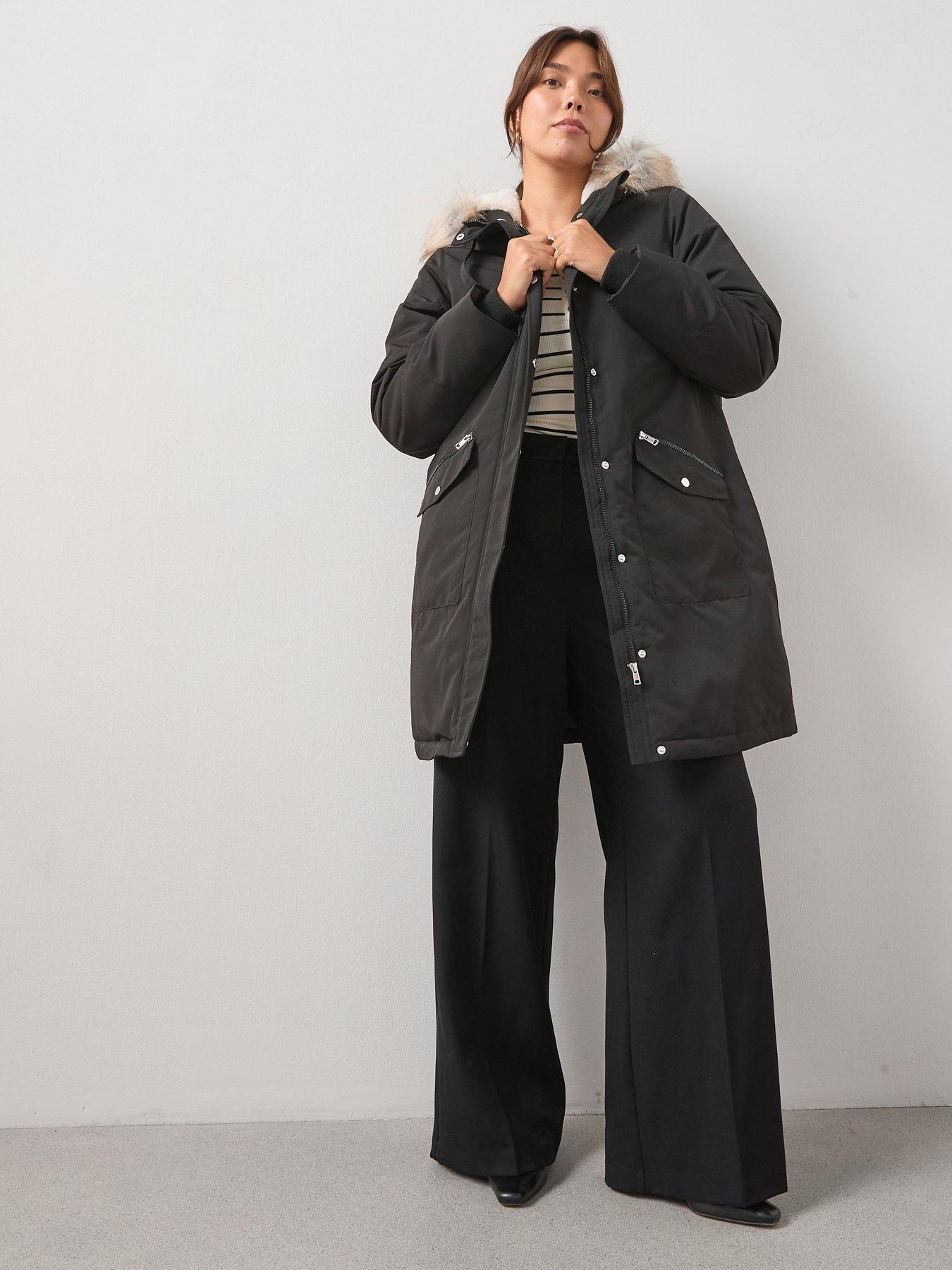 undefined Faux Fur Trim Parka Coat - Black