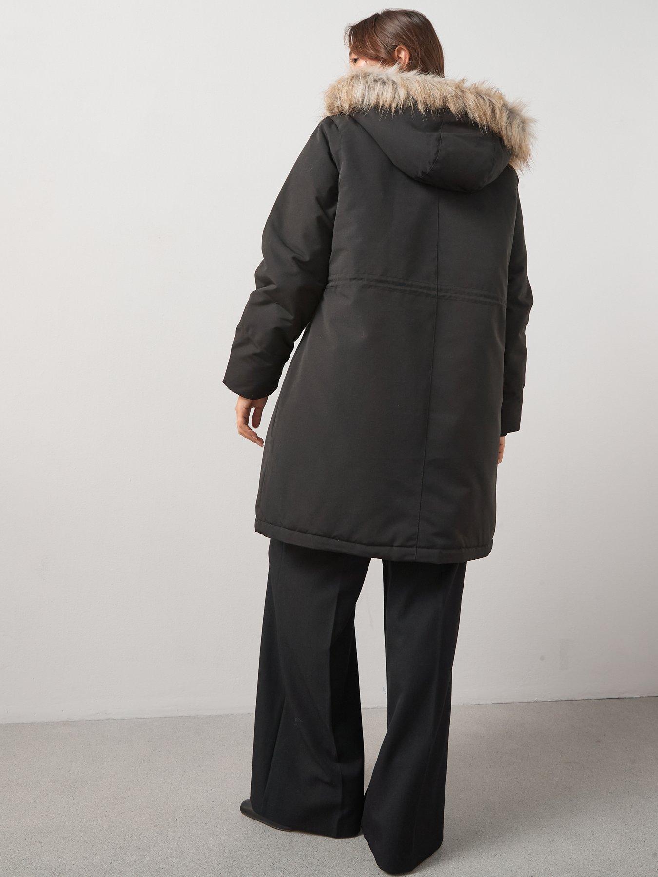 Image 2 of 6 of V by Very Curve Faux Fur Trim Parka Coat - Black