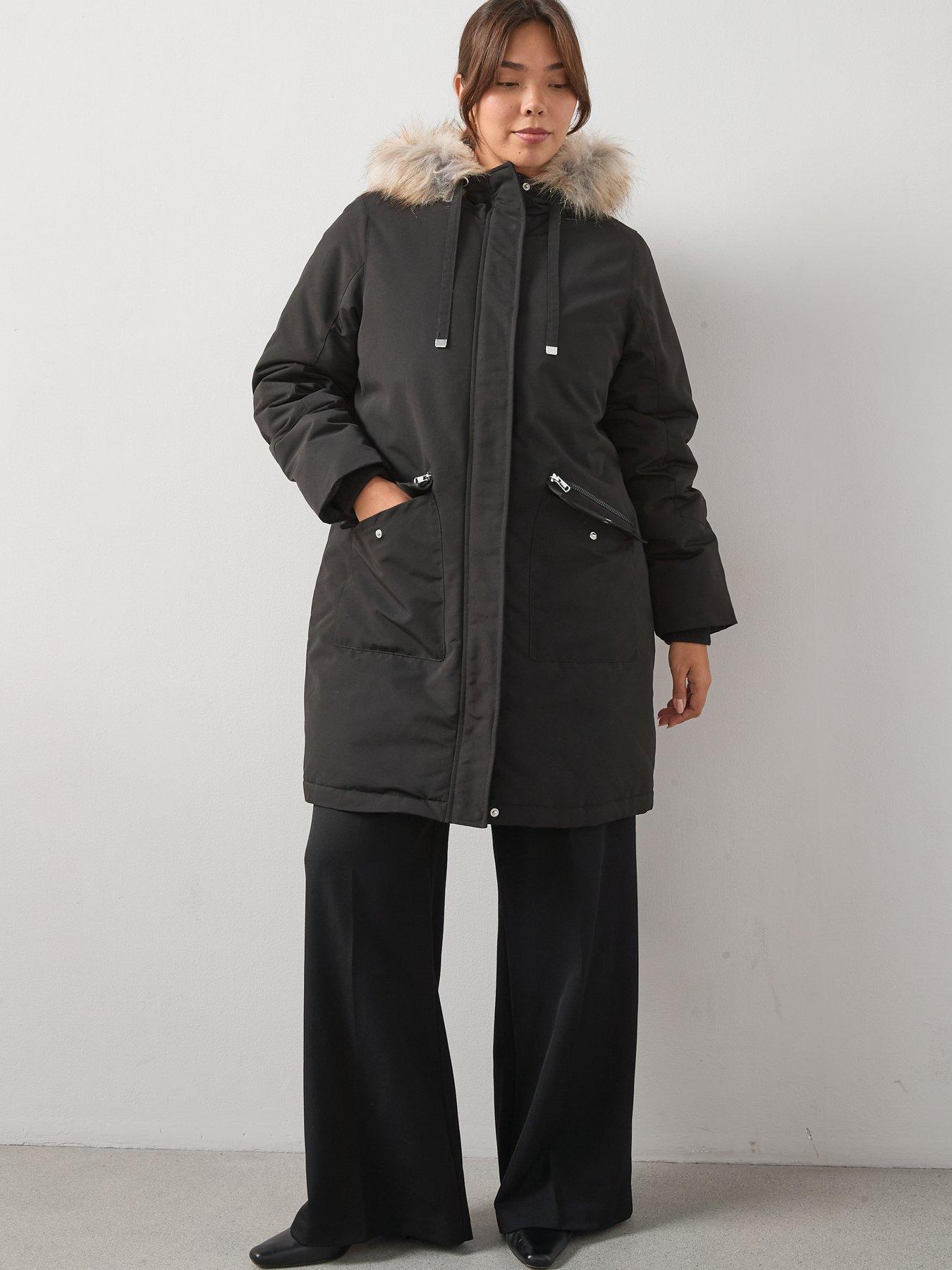 Image 6 of 6 of V by Very Curve Faux Fur Trim Parka Coat - Black