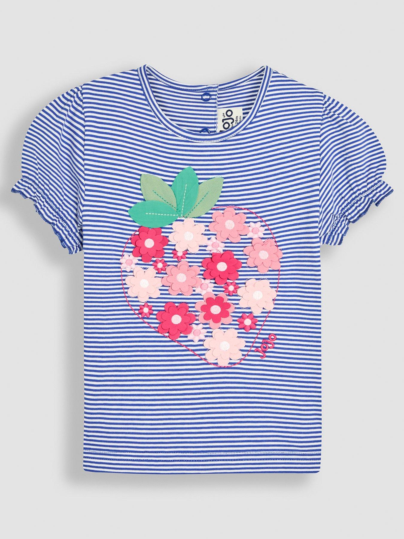  image of jojo-maman-bebe-girls-strawberry-applique-puff-sleeve-t-shirt-blue