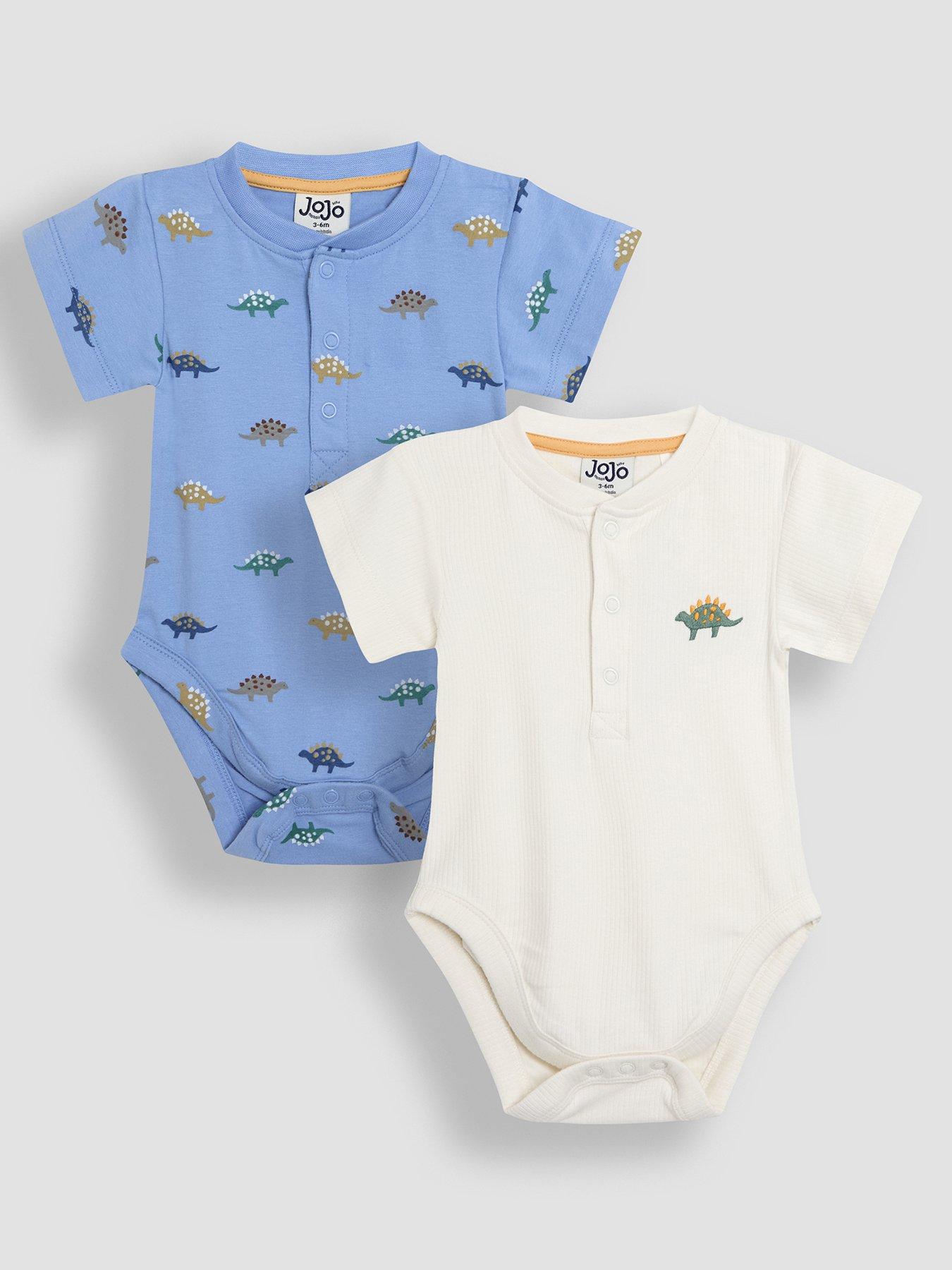 Image 1 of 7 of JoJo Maman Bebe Baby Boys 2 Pack Stegosaurus & Plain Short Sleeve Bodysuits - Blue