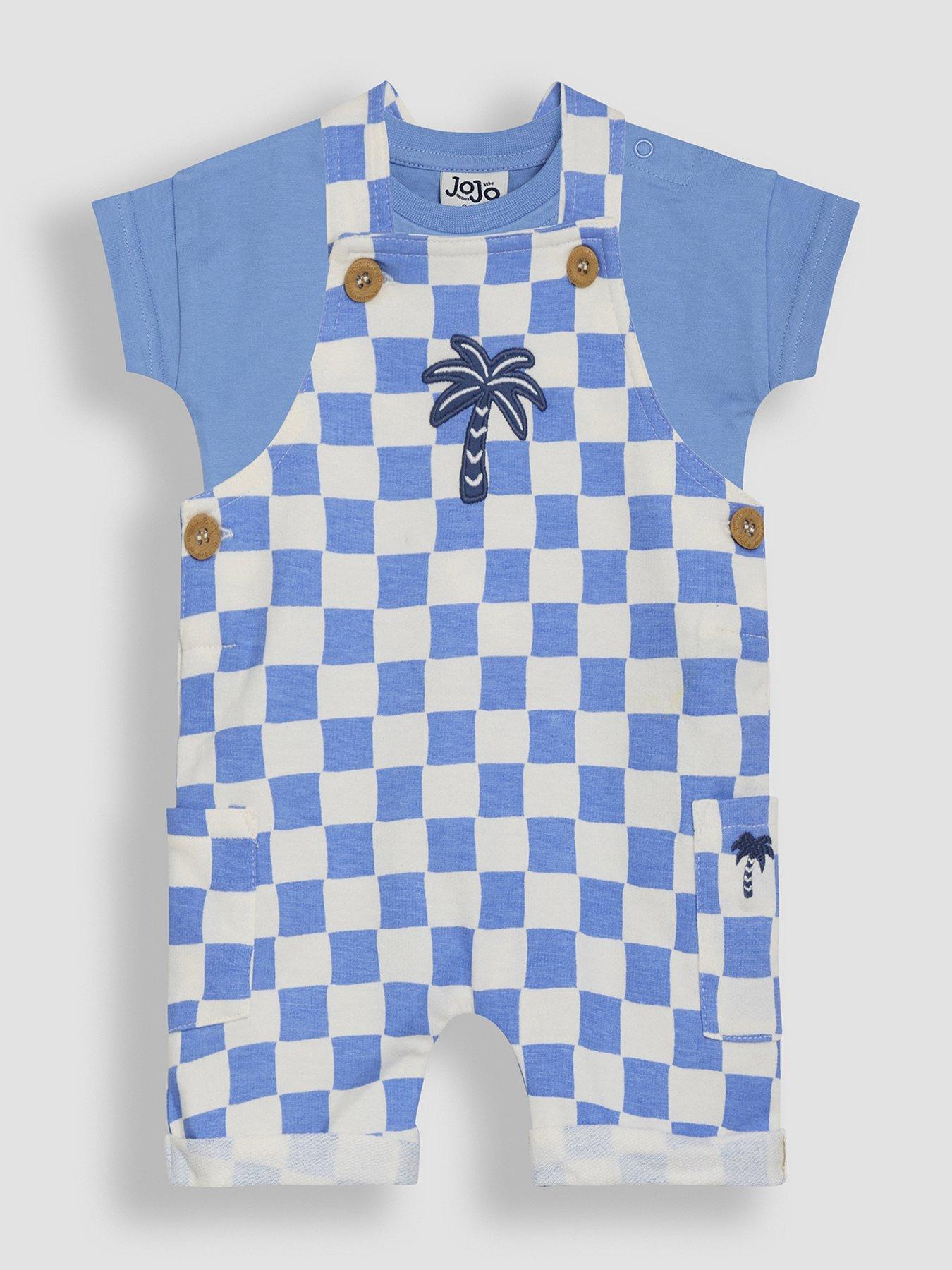  image of jojo-maman-bebe-baby-boys-2-piece-checkerboard-print-dungarees-amp-t-shirt-set-bluewhite