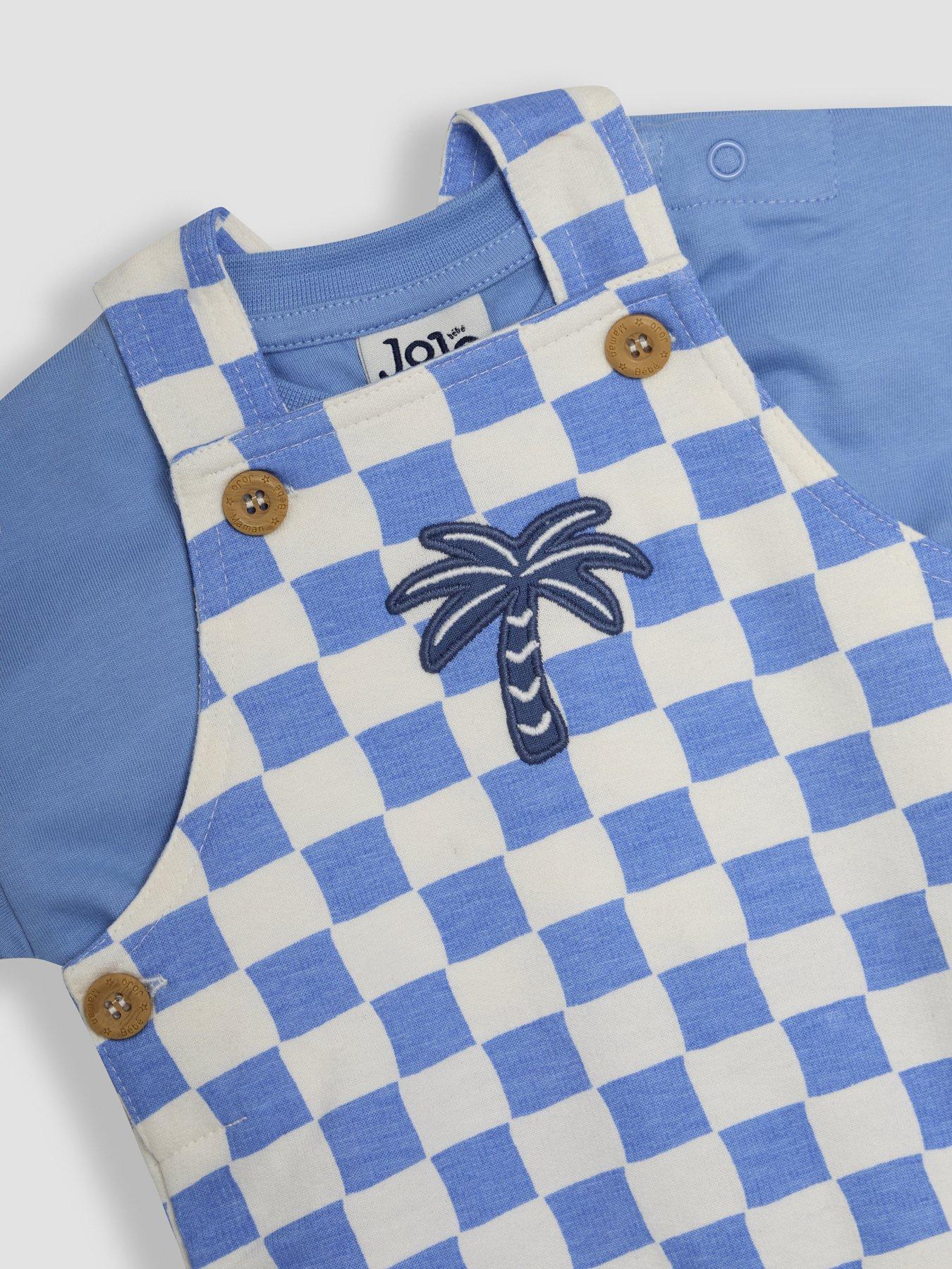  image of jojo-maman-bebe-baby-boys-2-piece-checkerboard-print-dungarees-amp-t-shirt-set-bluewhite