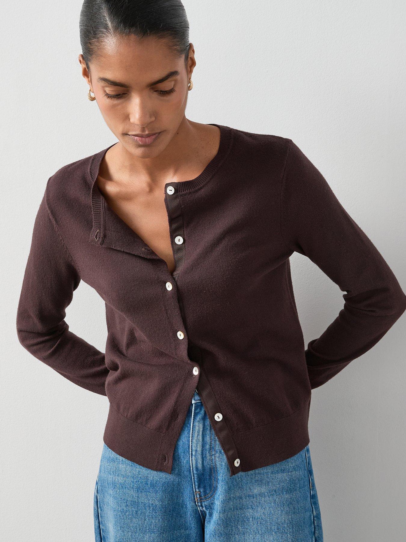 undefined Classic Comfort Crew Neck Cardigan - Chocolate