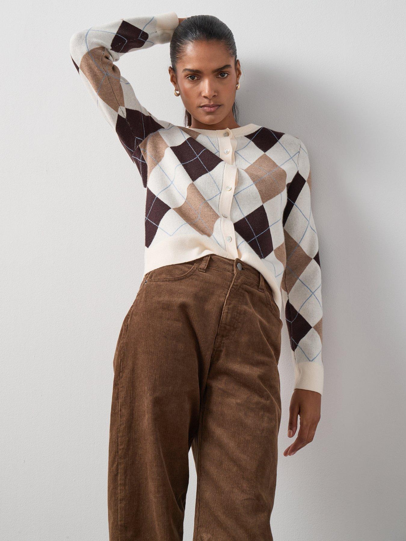 undefined Classic Comfort Crew Neck Argyle Cardigan - Multi