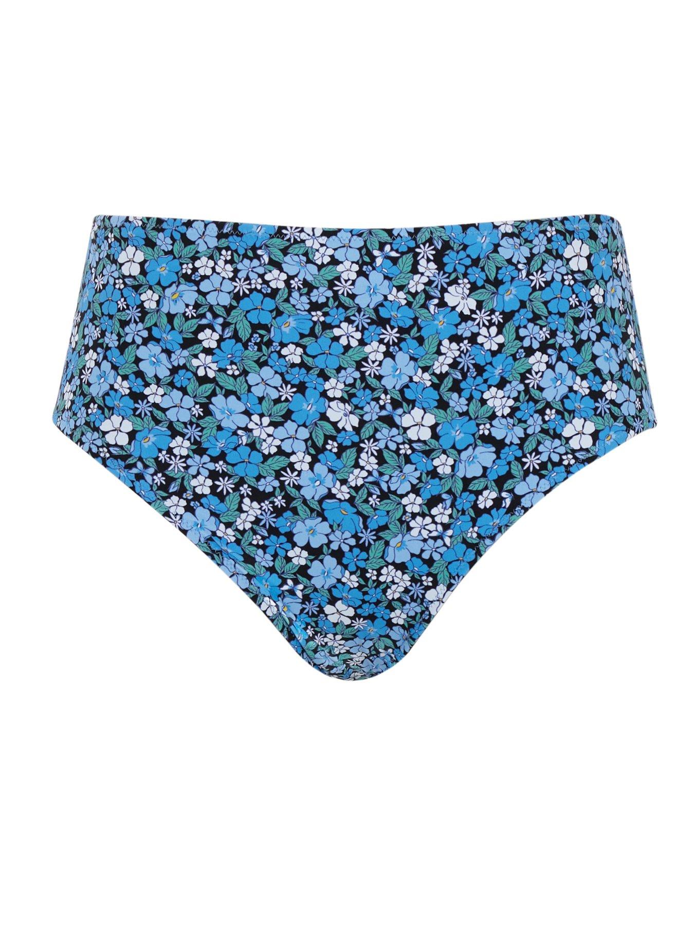  image of panache-swim-posy-print-blue-high-waist-bikini-bottom-posy-print