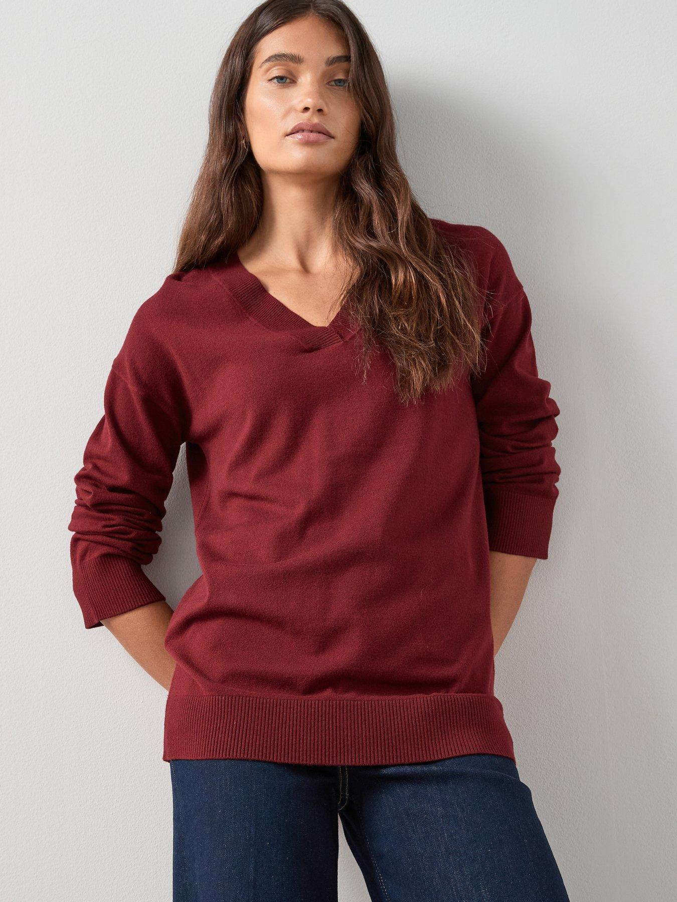 undefined Classic Comfort V Neck Longline Jumper - Burgundy