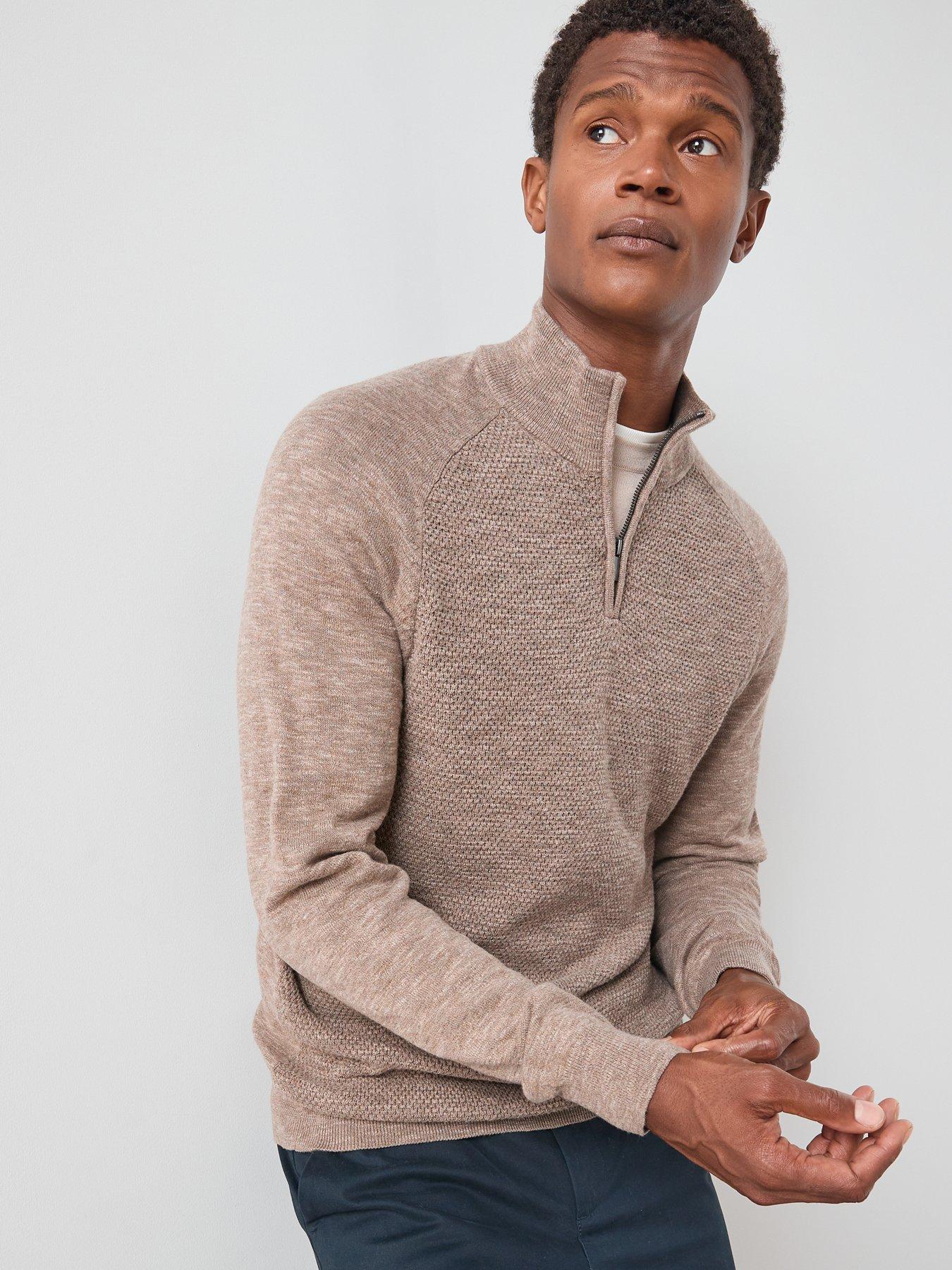the-very-collection-textured-tri-marl-14-zip-jumper-beige
