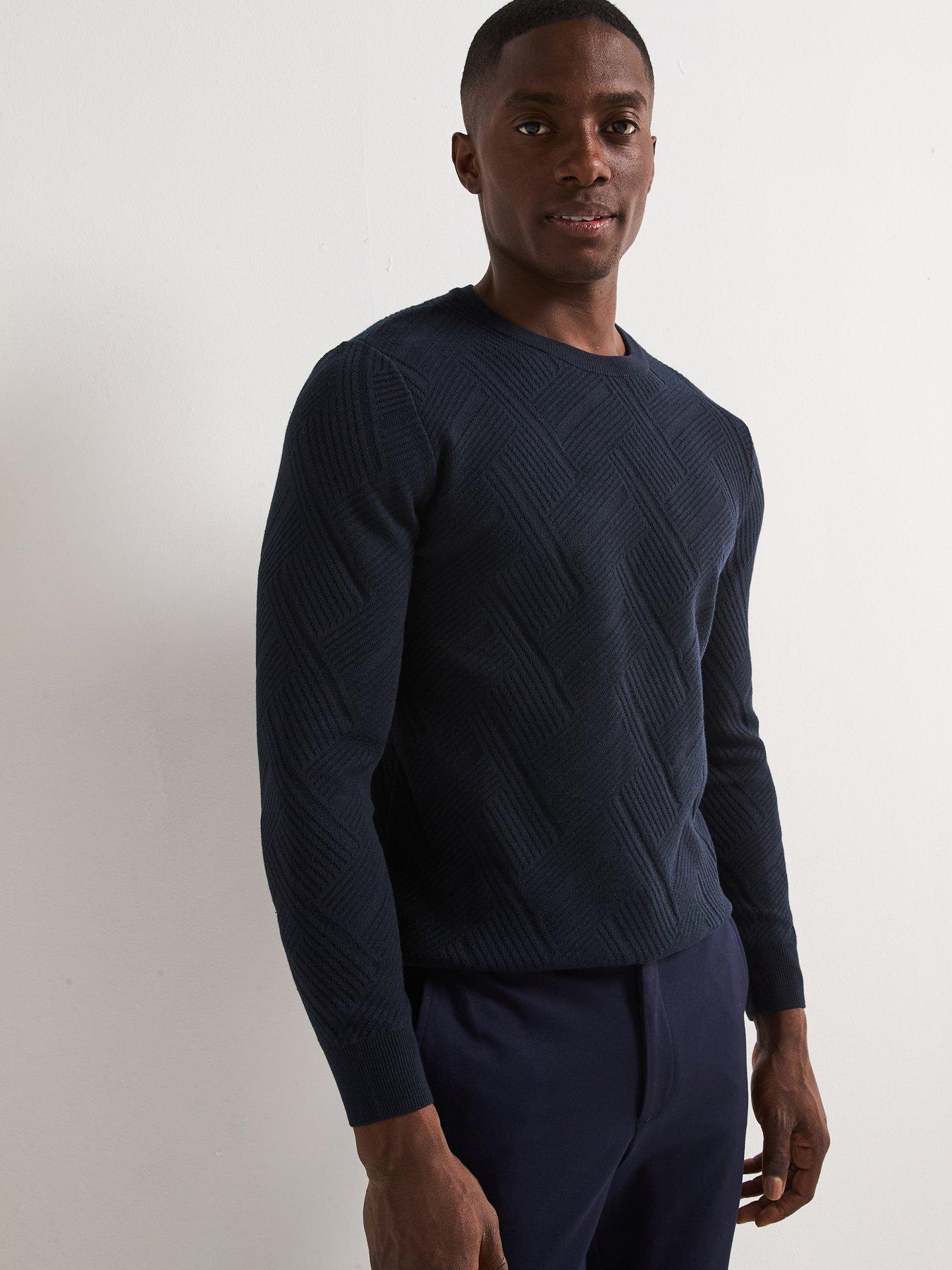 front image of very-man-jacquard-crew-neck-knitted-jumper-navy