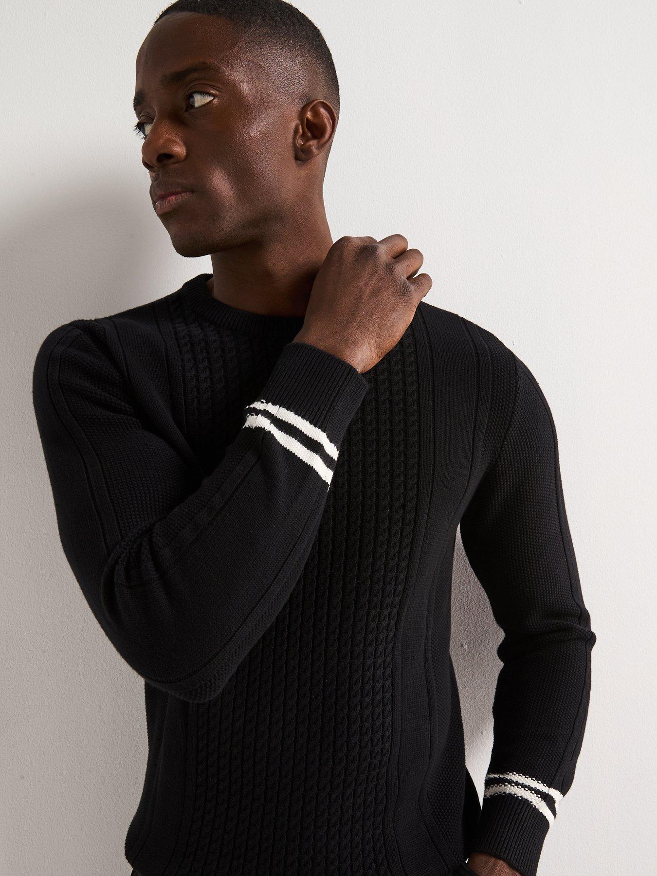 Image 4 of 6 of Very Man Pure Cotton Cable Knit Crew - Black