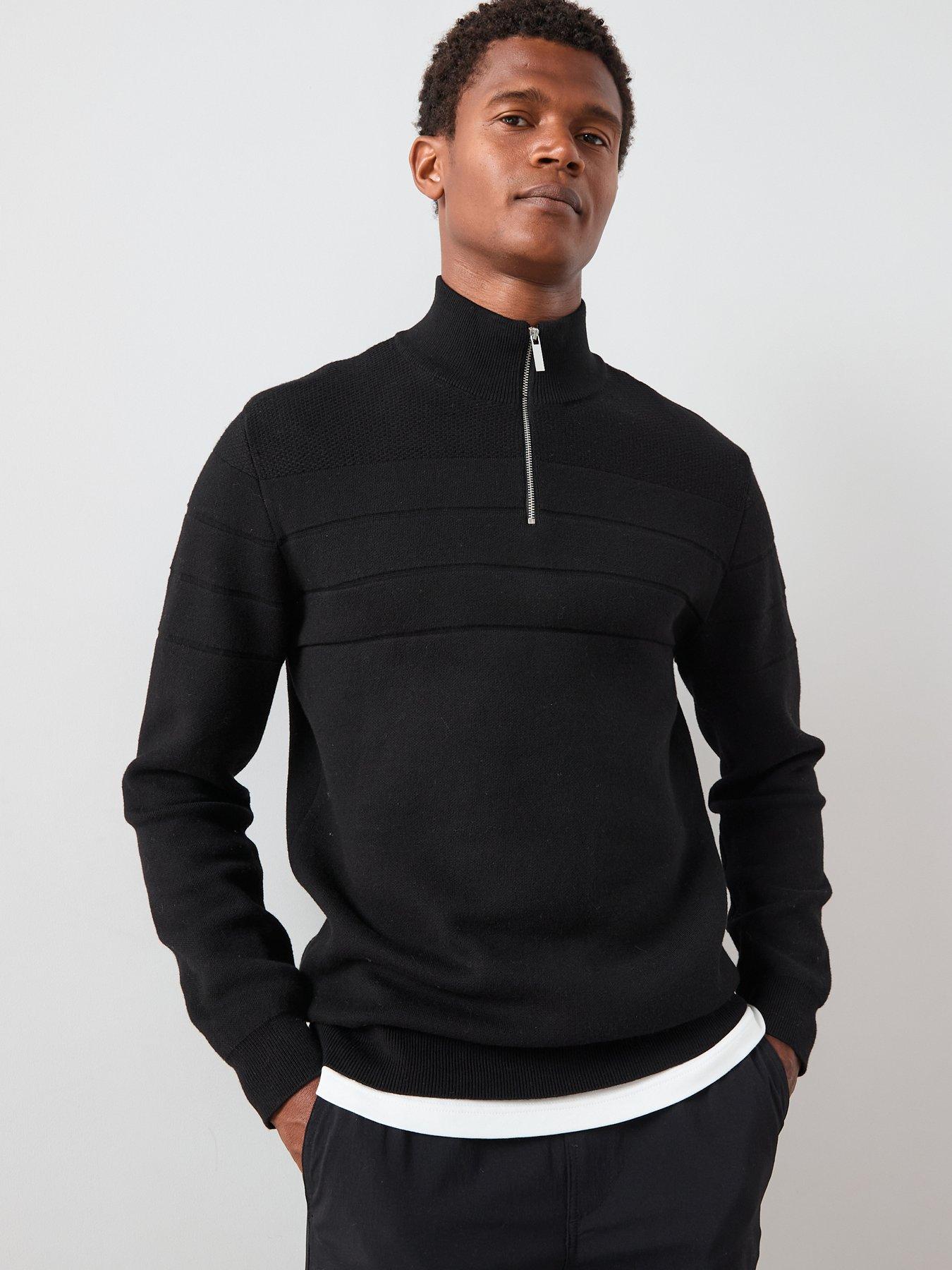 undefined Textured Stripe 1/4 Zip With Cotton - Black