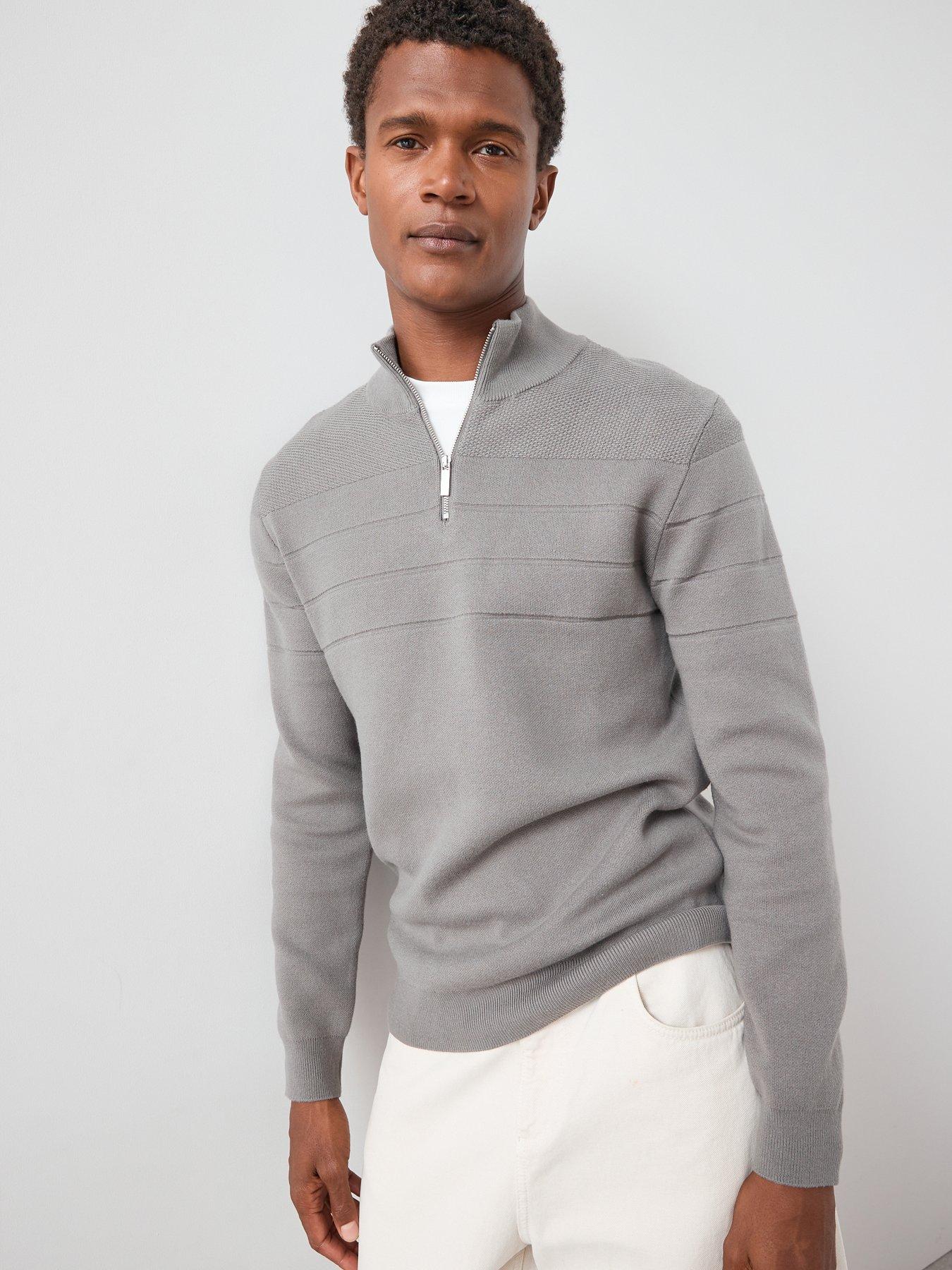 The Very Collection Textured Stripe 1/4 Zip with Cotton - Light Grey