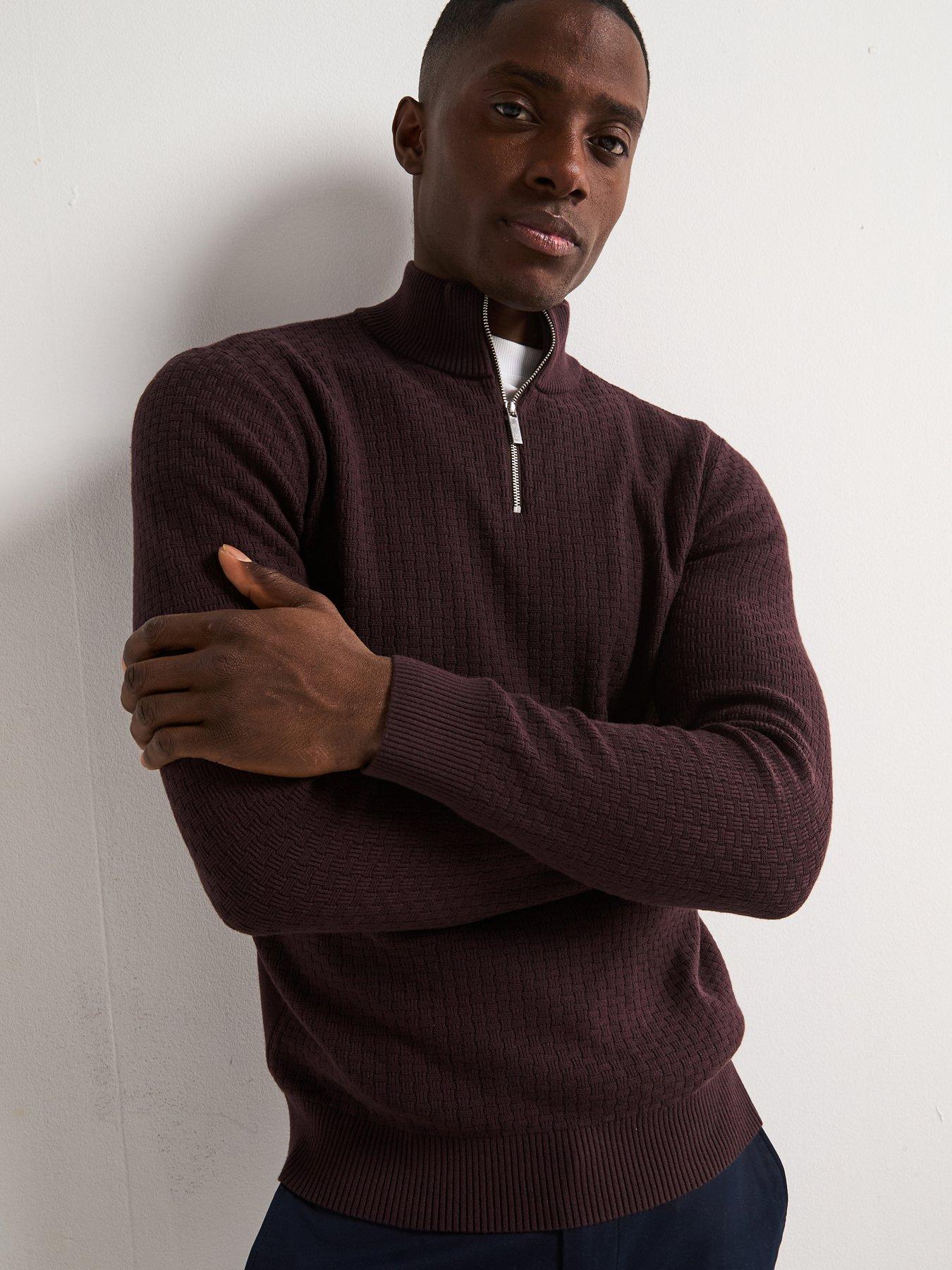 Image 1 of 6 of Very Man Textured 1/4 Zip Jumper With Cotton - Burgundy