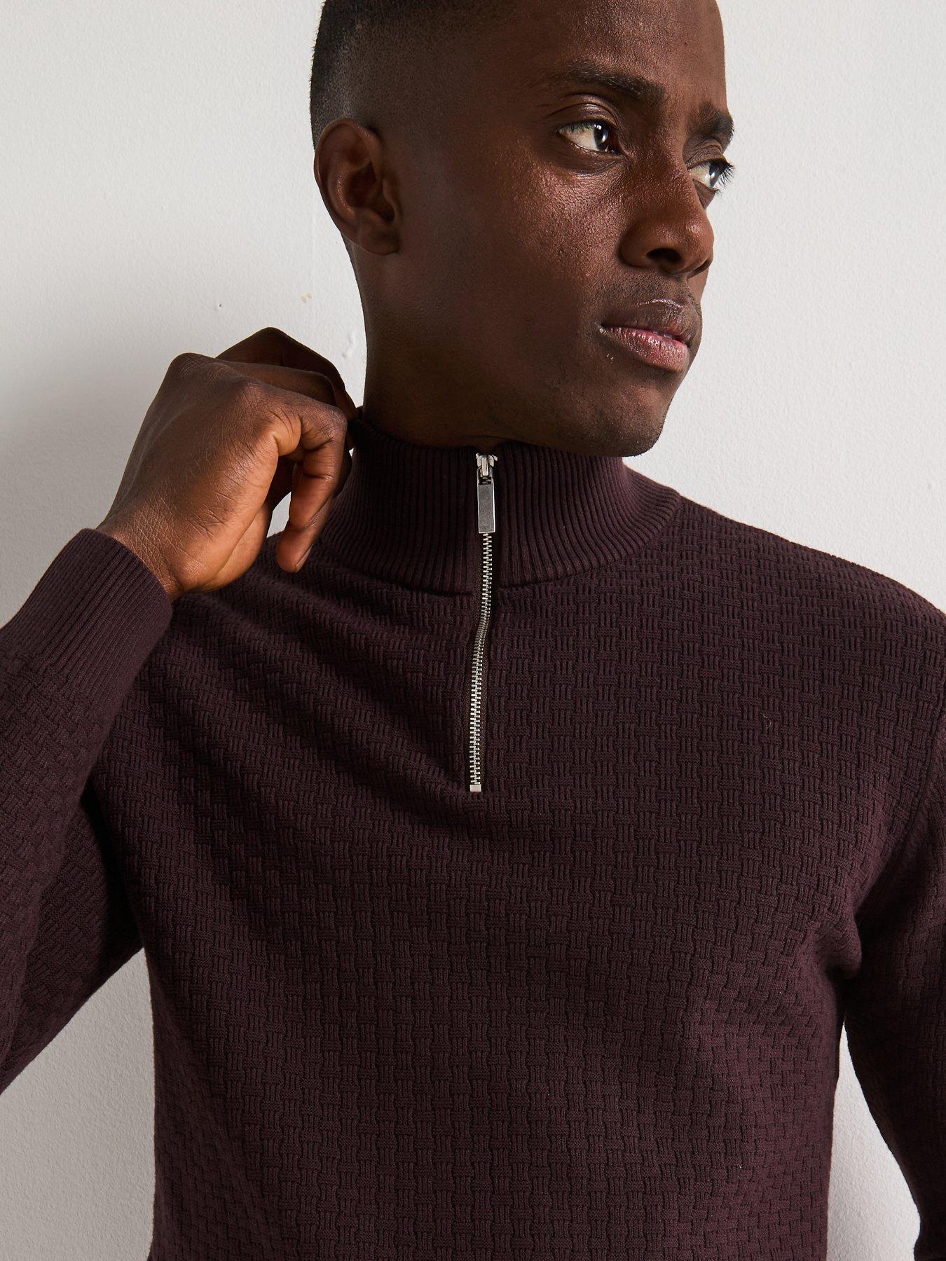 Image 6 of 6 of Very Man Textured 1/4 Zip Jumper With Cotton - Burgundy
