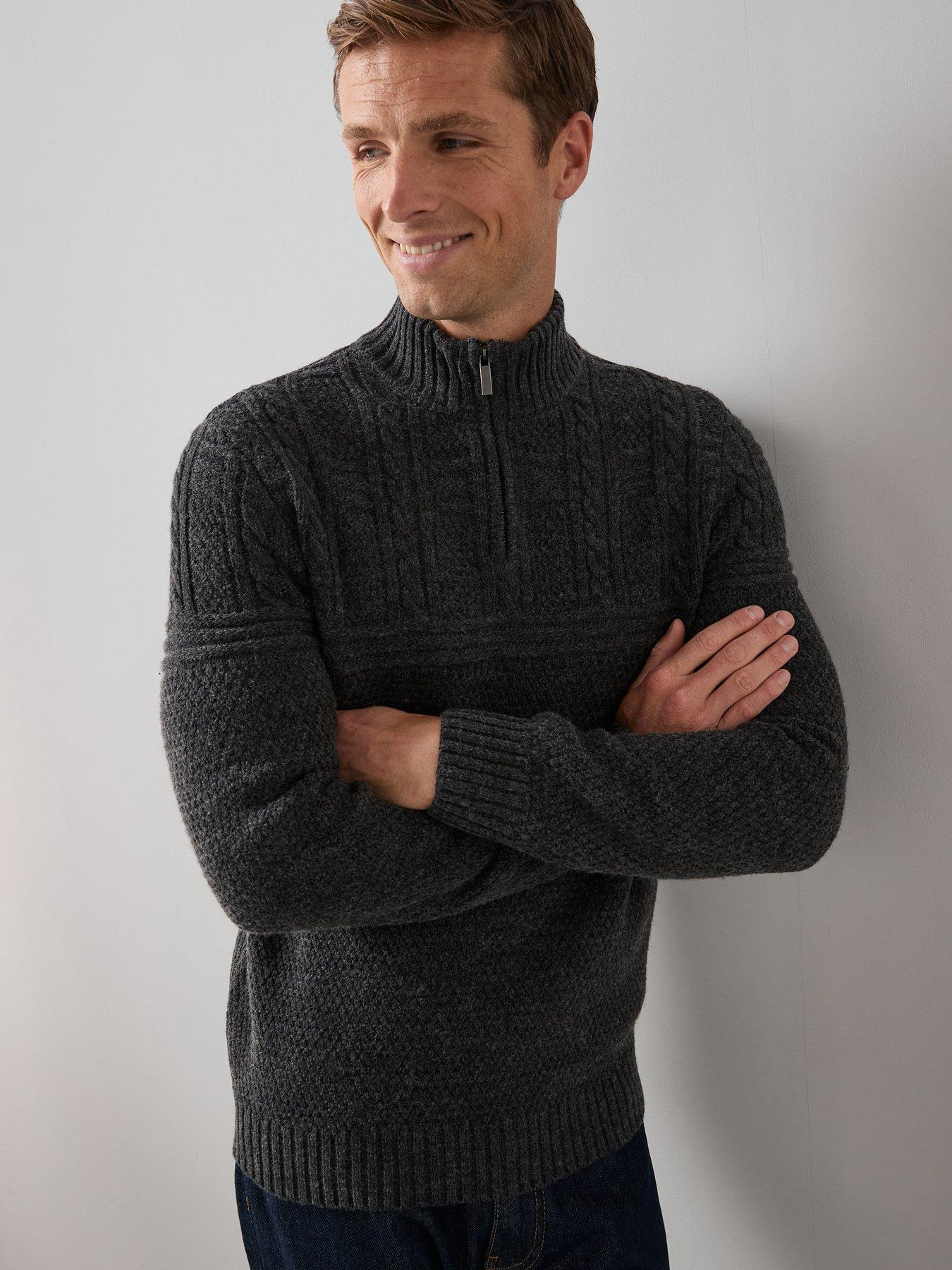  image of the-very-collection-wool-blend-cable-knit-14-zip-jumper-charcoal