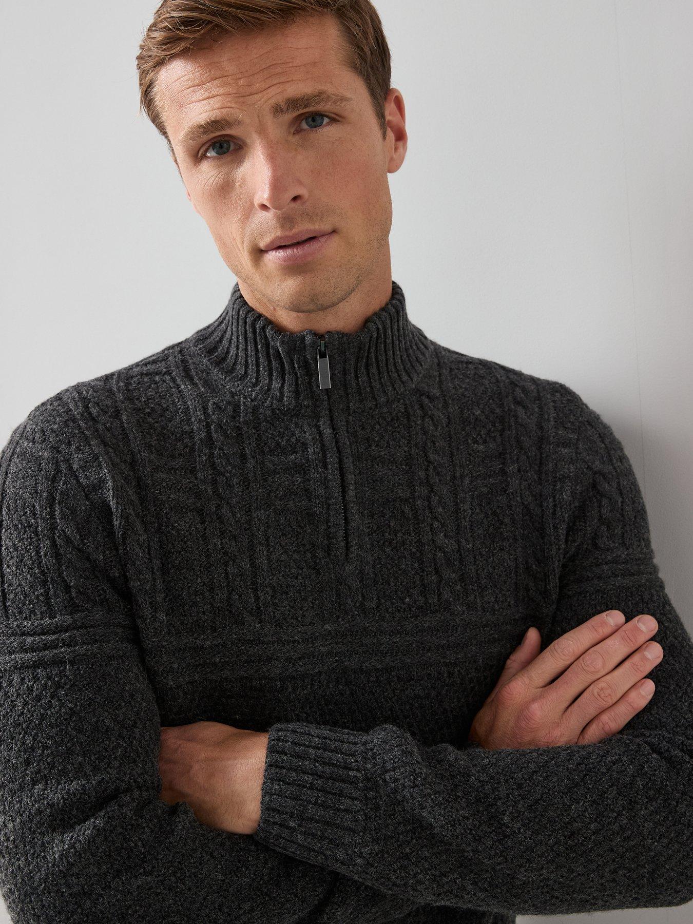  image of the-very-collection-wool-blend-cable-knit-14-zip-jumper-charcoal