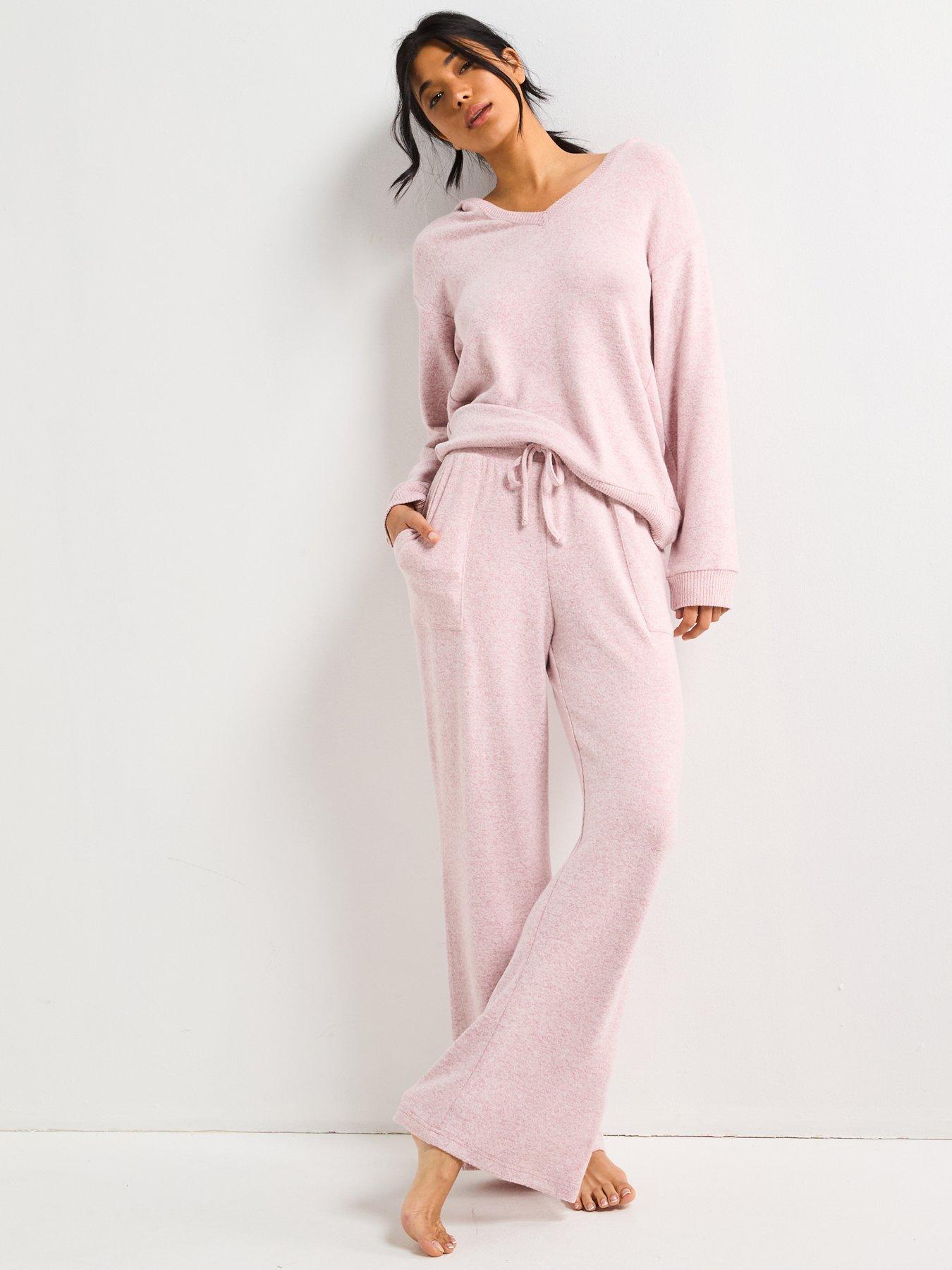 undefined Ribbed Marl Hooded Wide Leg Loungewear Set - Pink