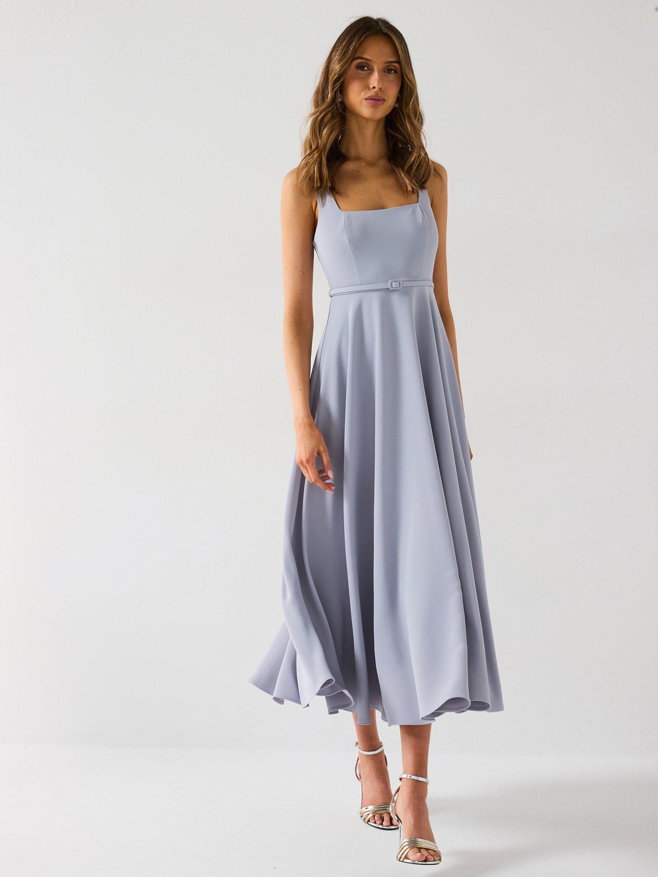 Six Stories Square Neck Belted Midi Dress - Blue