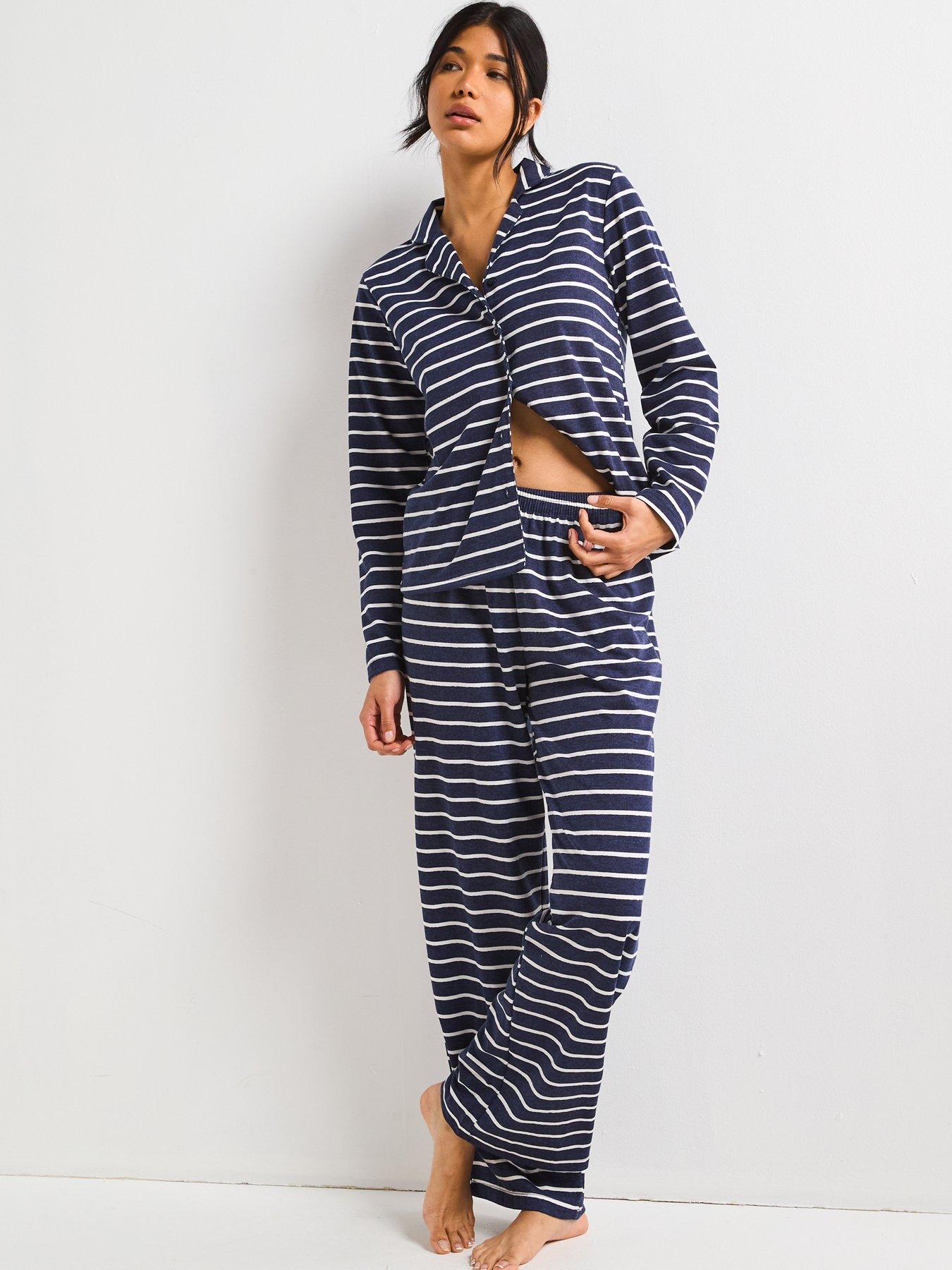undefined Marl Stripe Soft Touch Revere Pyjama Set - Navy