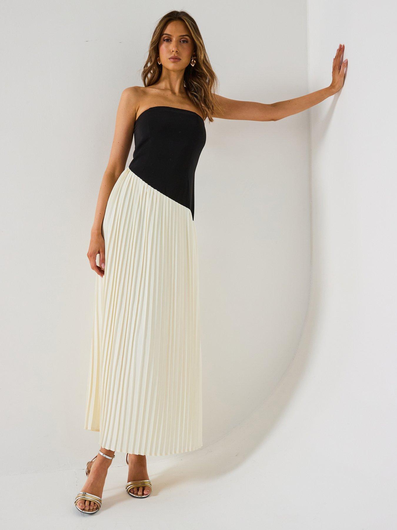  image of six-stories-contrast-bandeau-pleated-maxi-dress