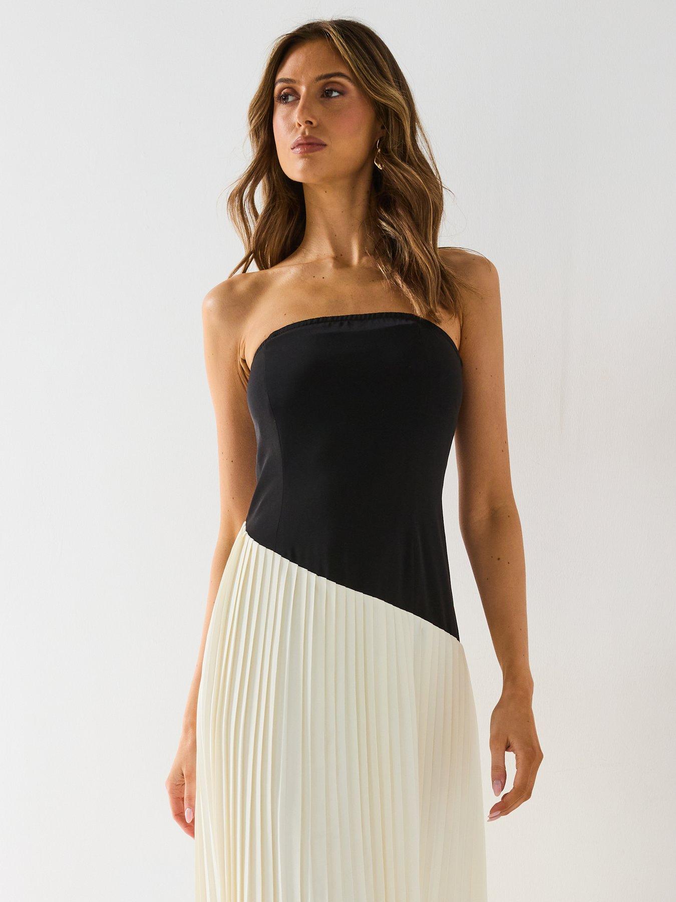  image of six-stories-contrast-bandeau-pleated-maxi-dress