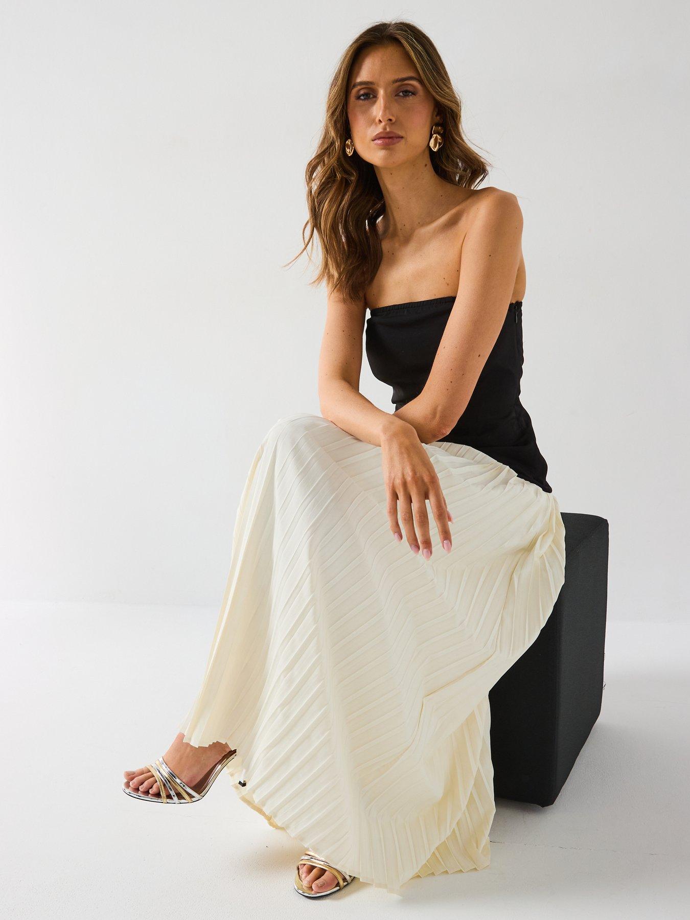  image of six-stories-contrast-bandeau-pleated-maxi-dress