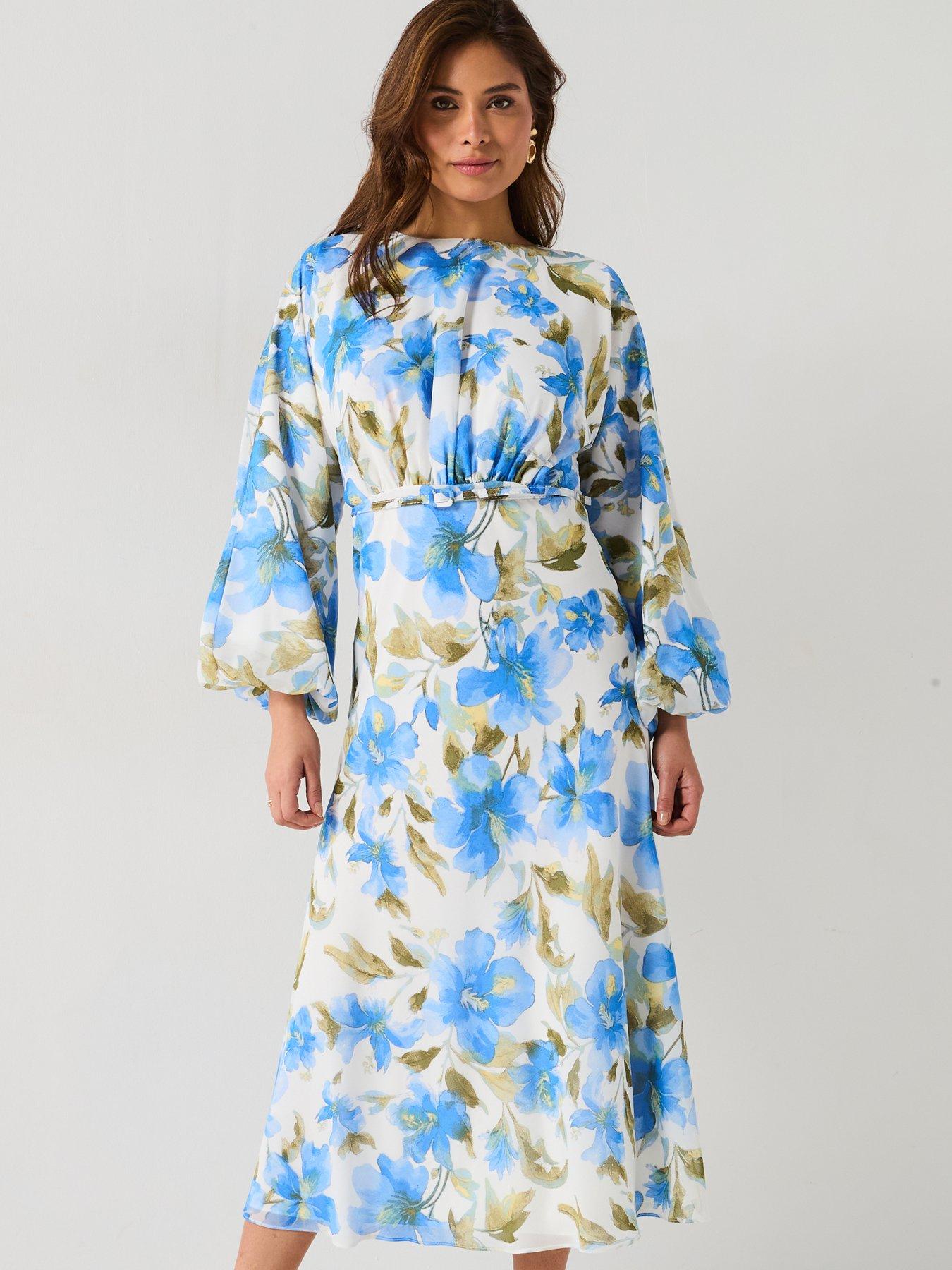 Six Stories Floral Long Sleeve Midi Dress - Blue