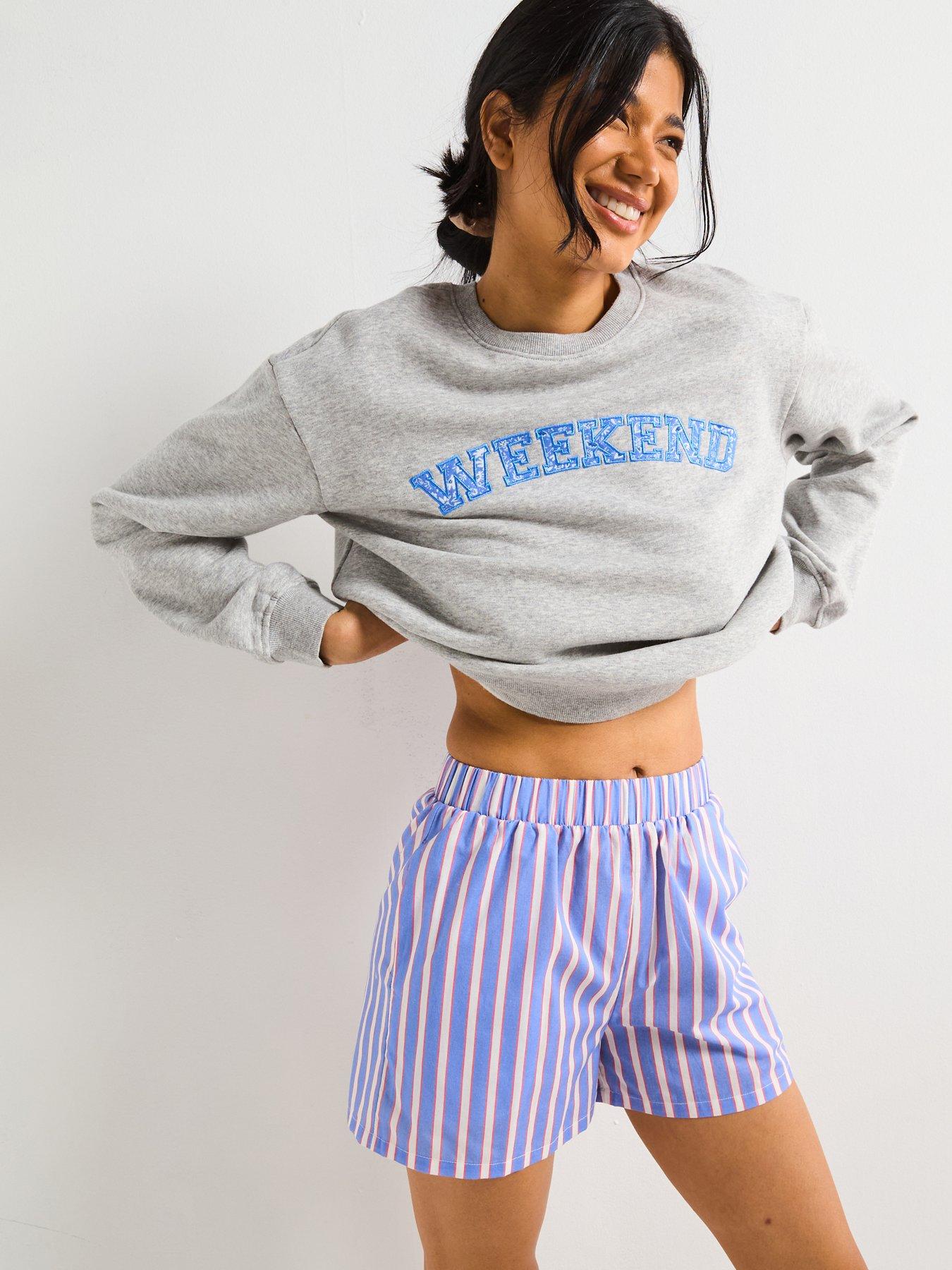 v-by-very-slogan-sweat-and-striped-short-pyjama-set-grey