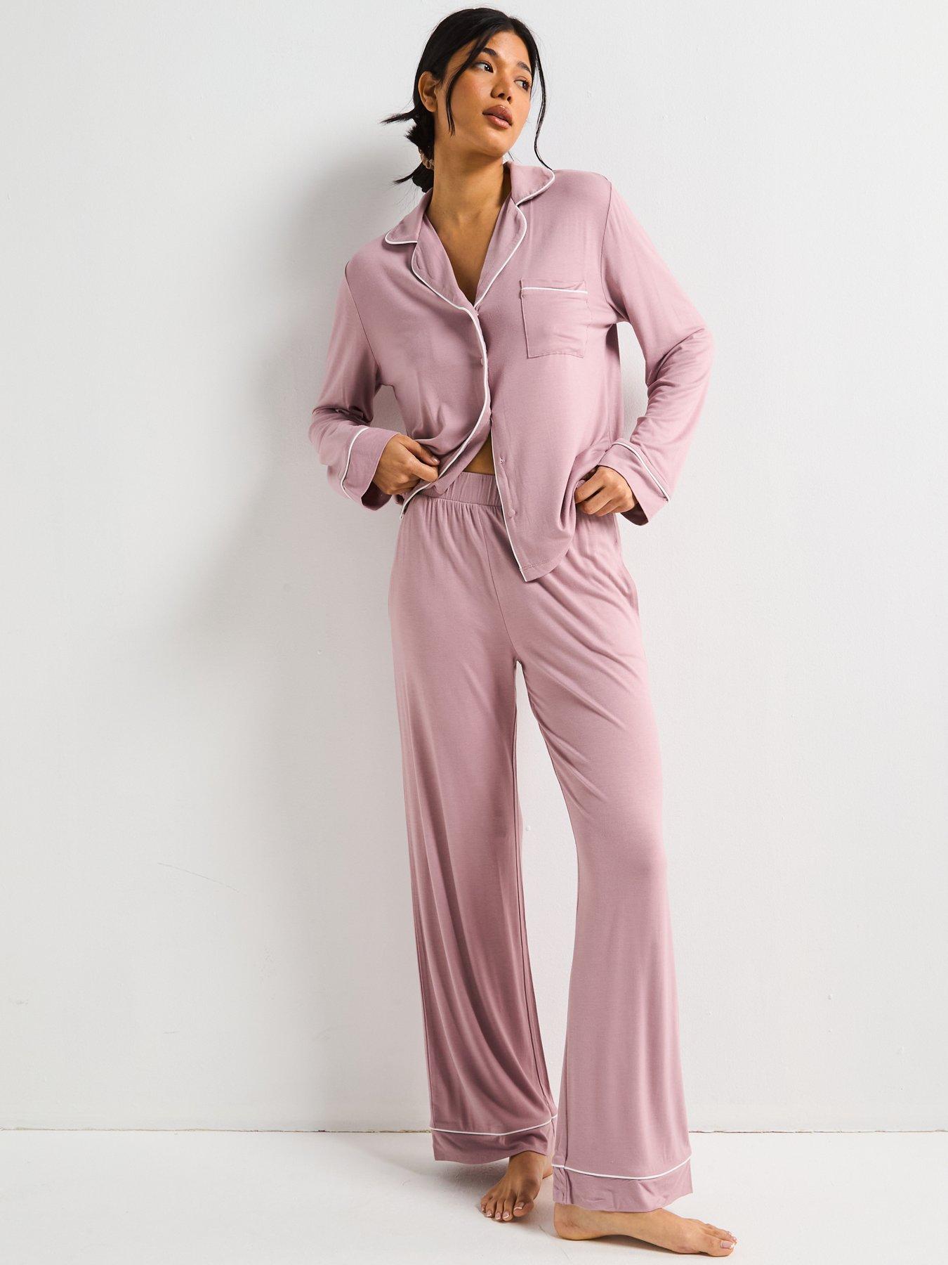 undefined Long Sleeve Soft Touch Jersey Revere Pyjama Set - Purple
