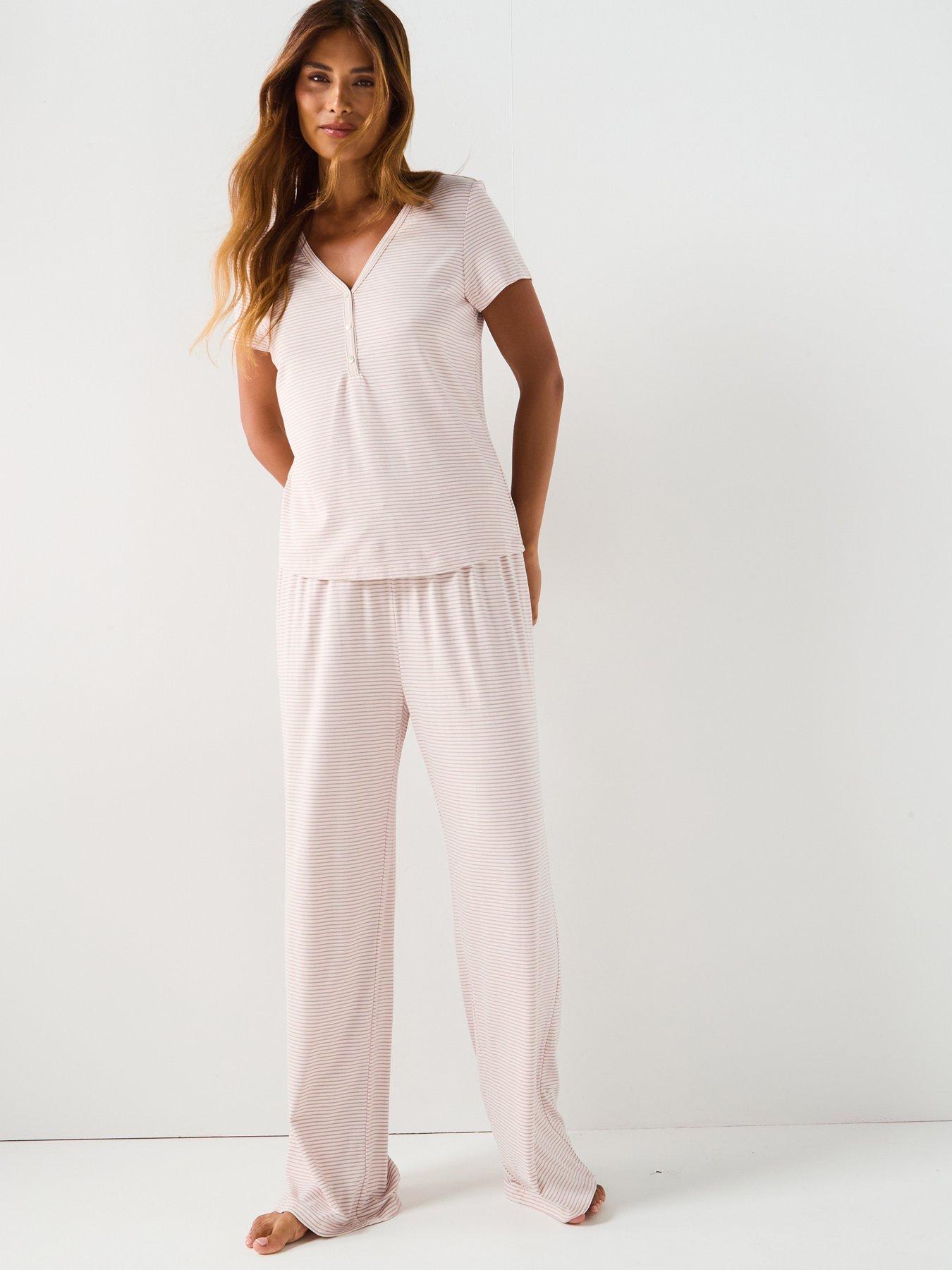 undefined Jersey Henley Top With Stripe Wide Leg Trouser Pj Set - Pink