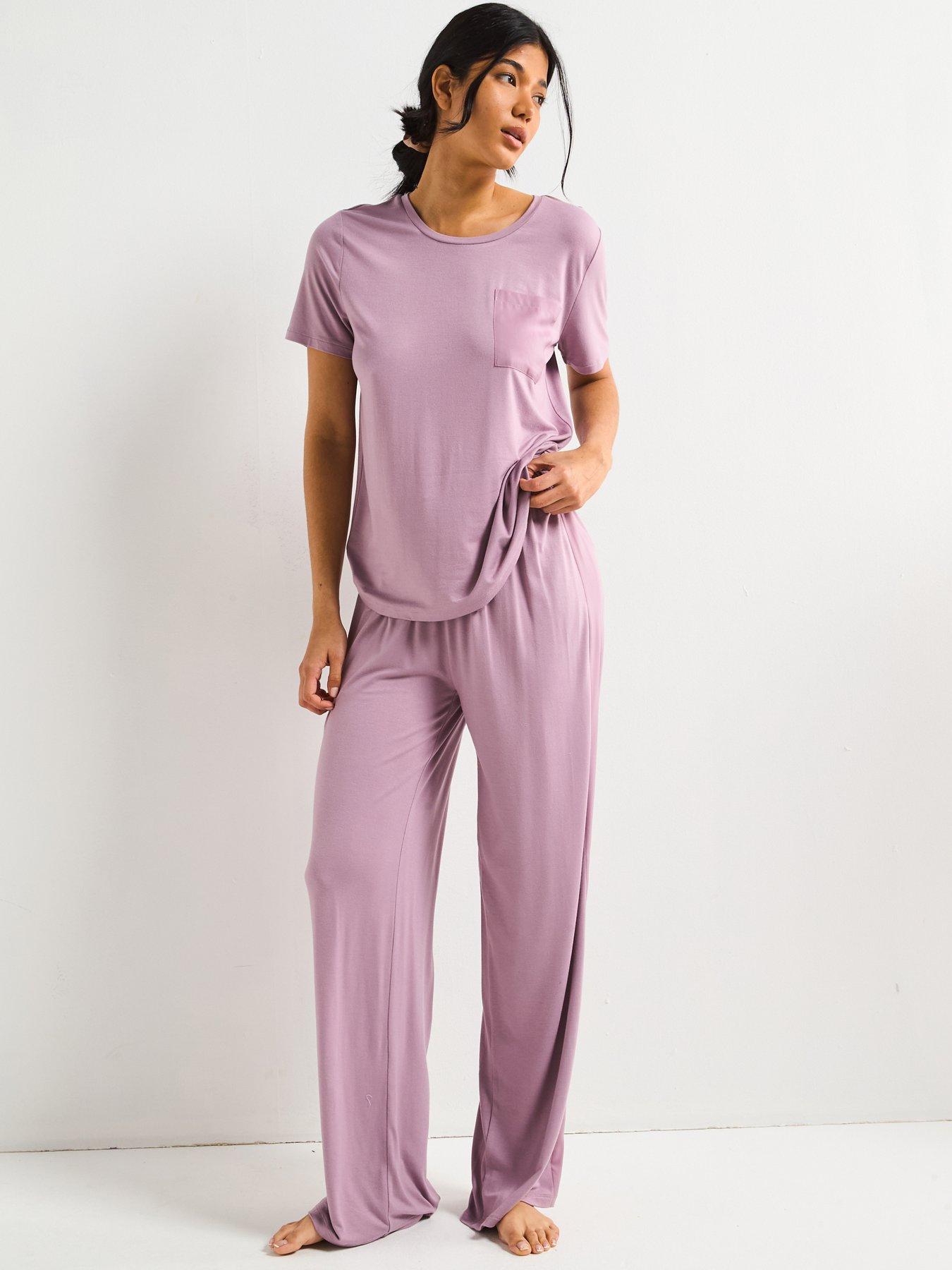 undefined Short Sleeve T-shirt With Wide Leg Satin Trim Pyjama Set - Purple