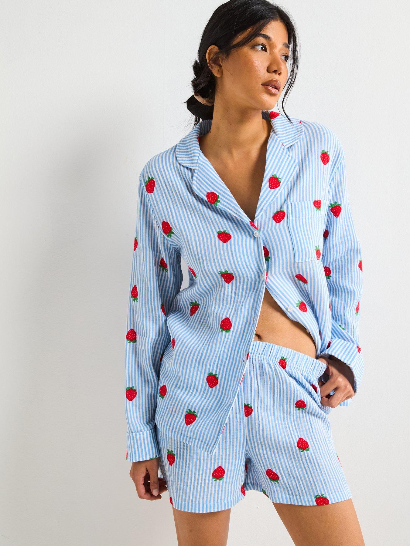 V by Very Strawberry Woven Revere Short Pj Set - Blue
