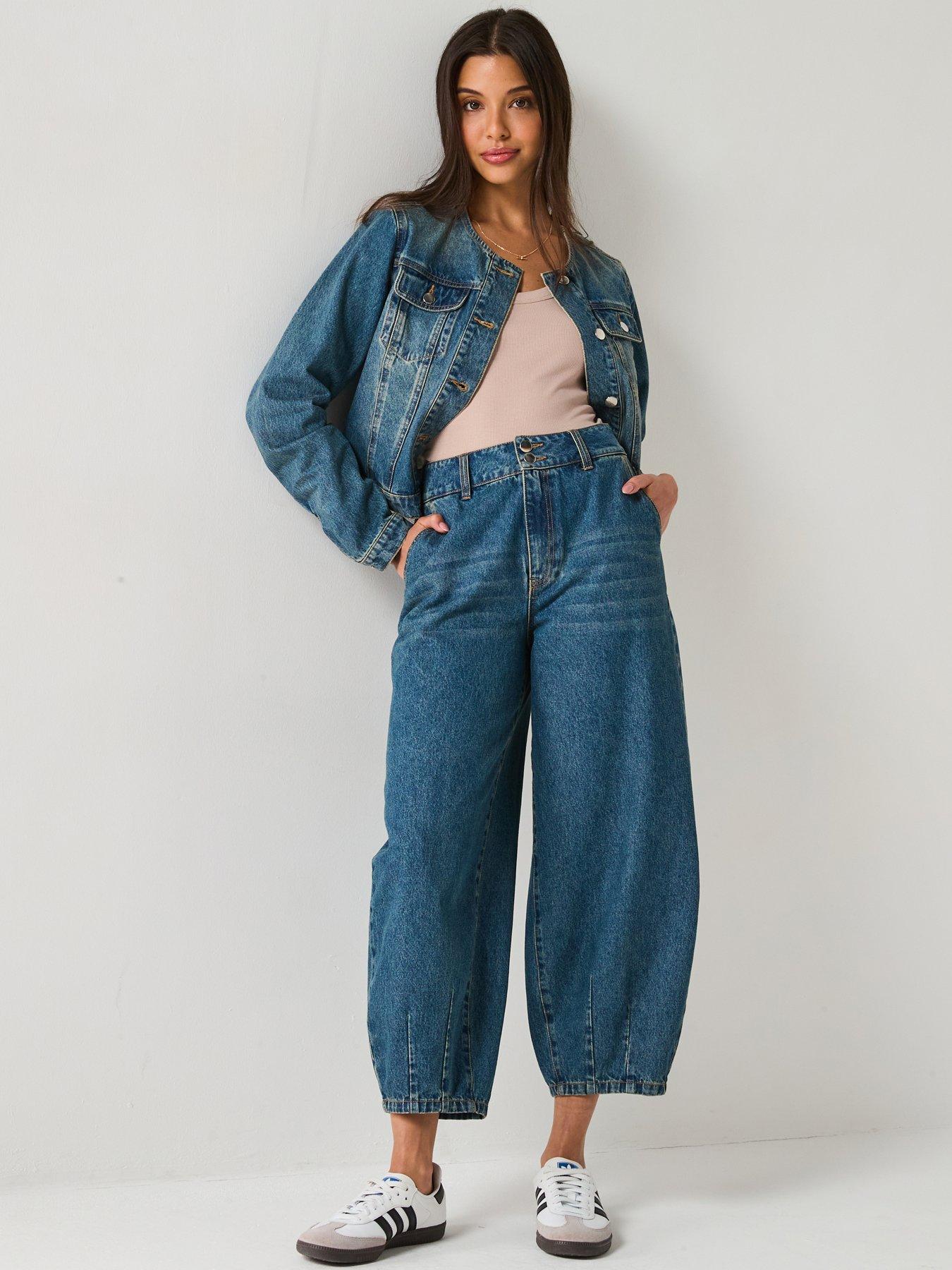 Image 1 of 6 of V by Very Double Button Barrel Leg Jeans - Mid Wash