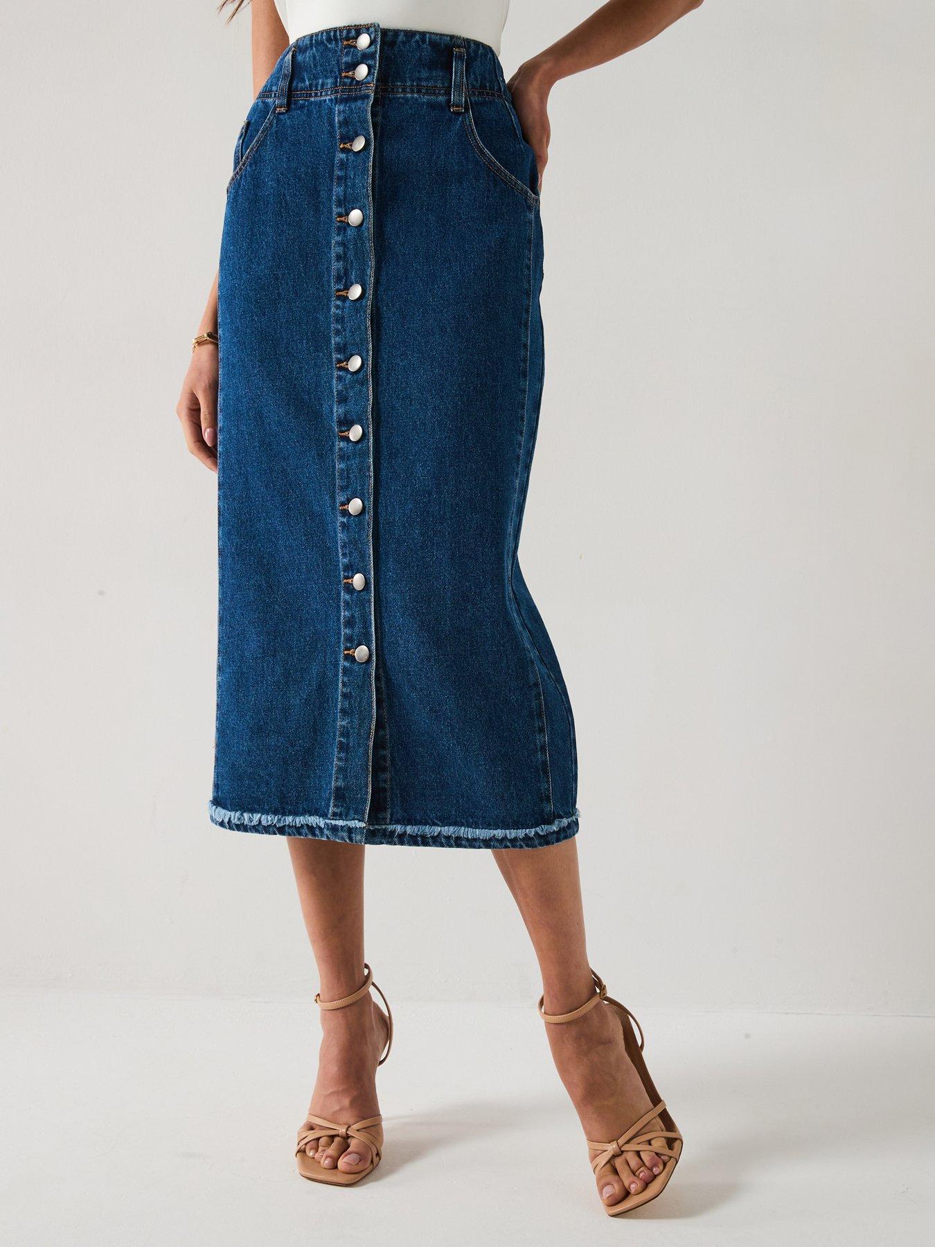 V by Very Denim Button Through Midi Skirt - Dark Wash