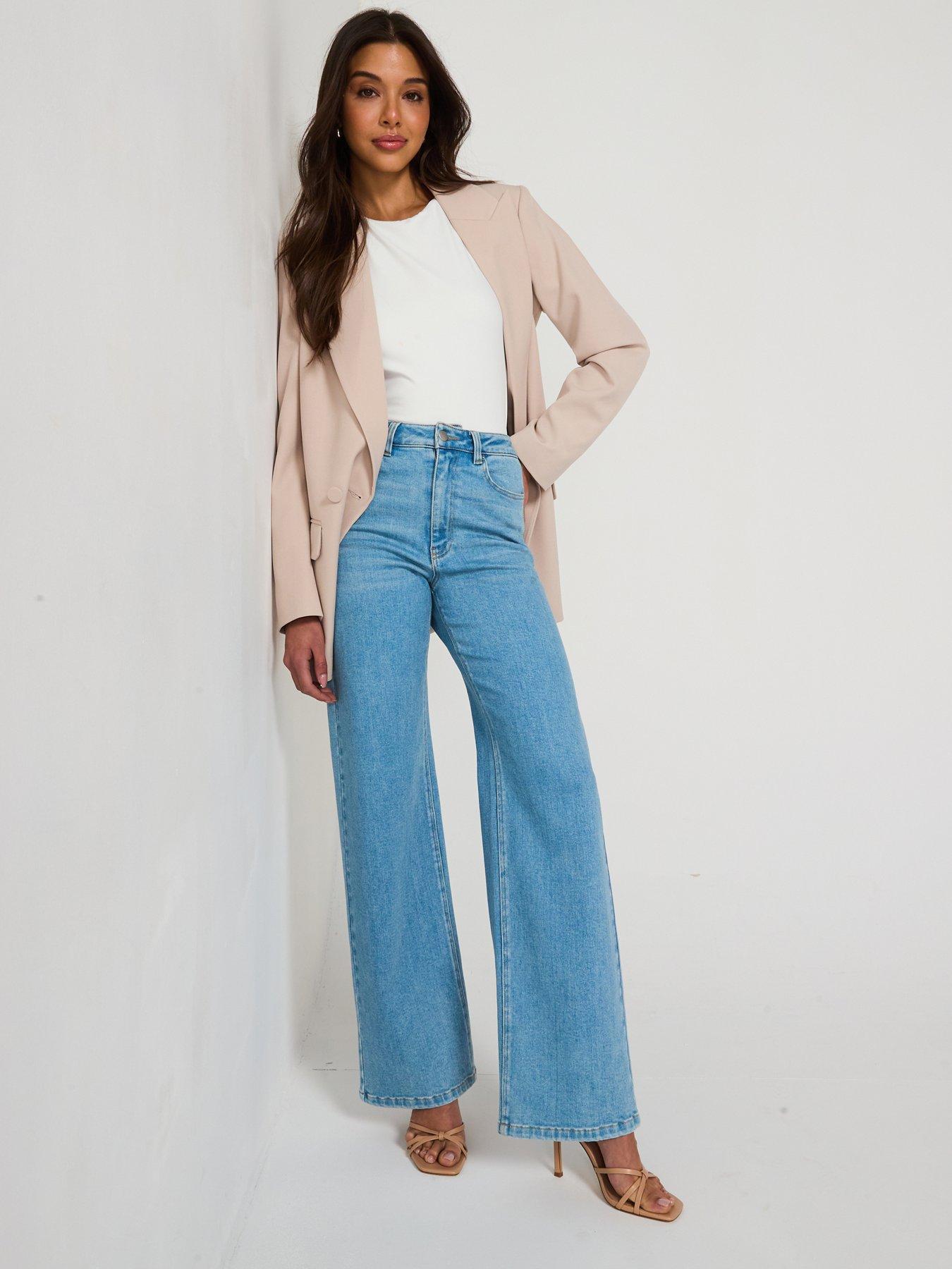 undefined Wide Leg Jeans With Stretch - Mid Wash