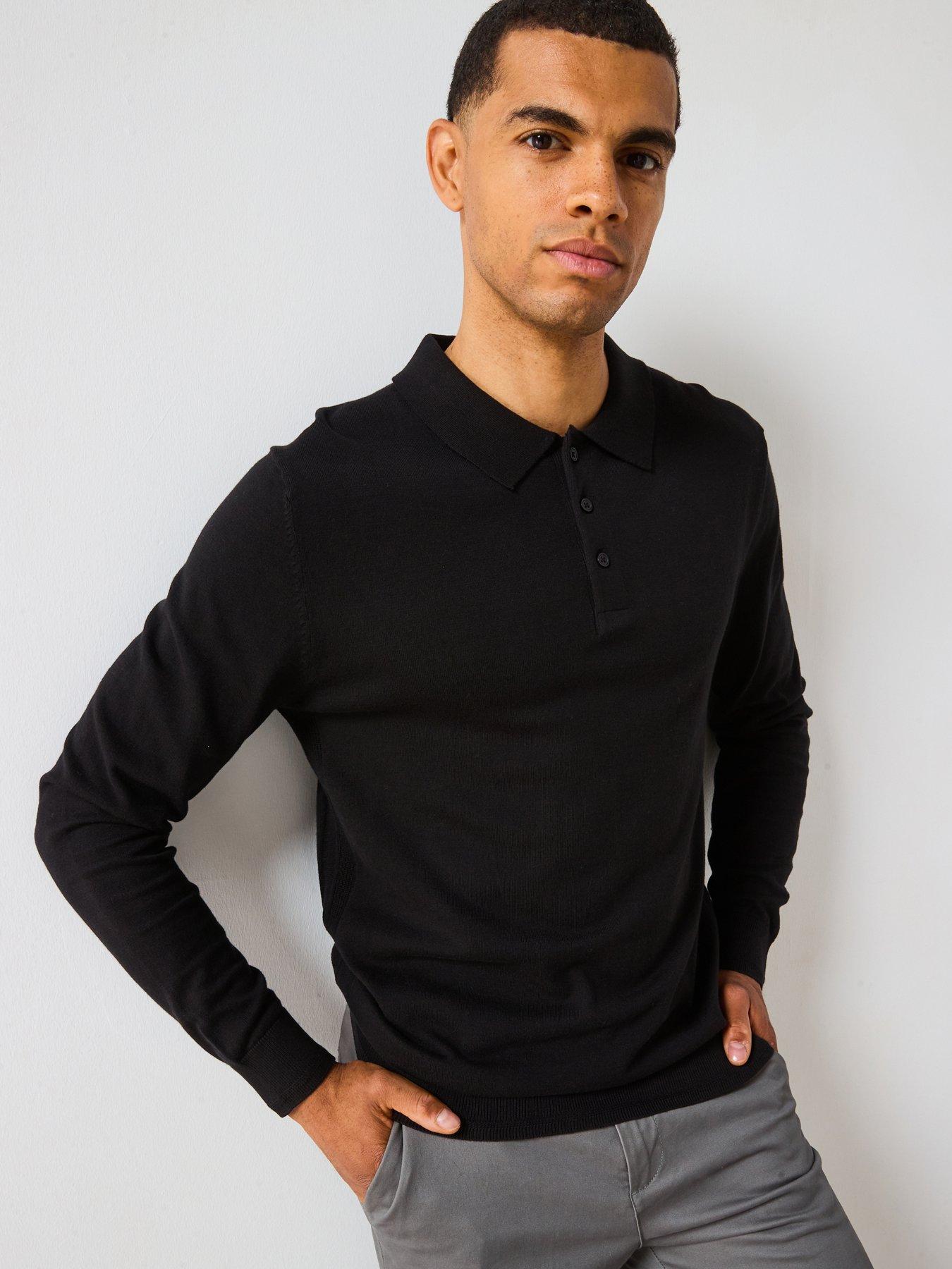  image of the-very-collection-cotton-rich-knitted-long-sleeve-polo-top-black