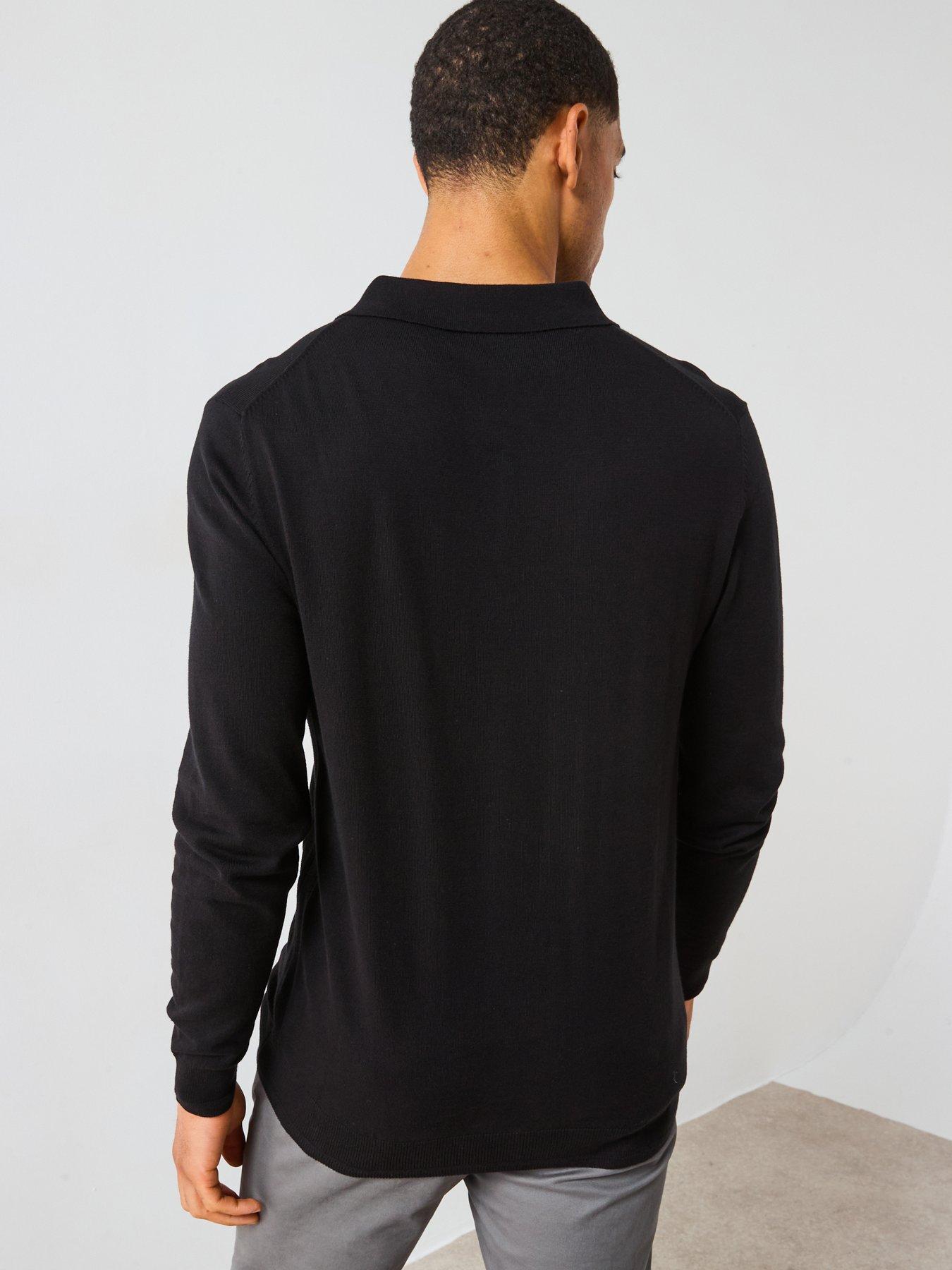  image of the-very-collection-cotton-rich-knitted-long-sleeve-polo-top-black