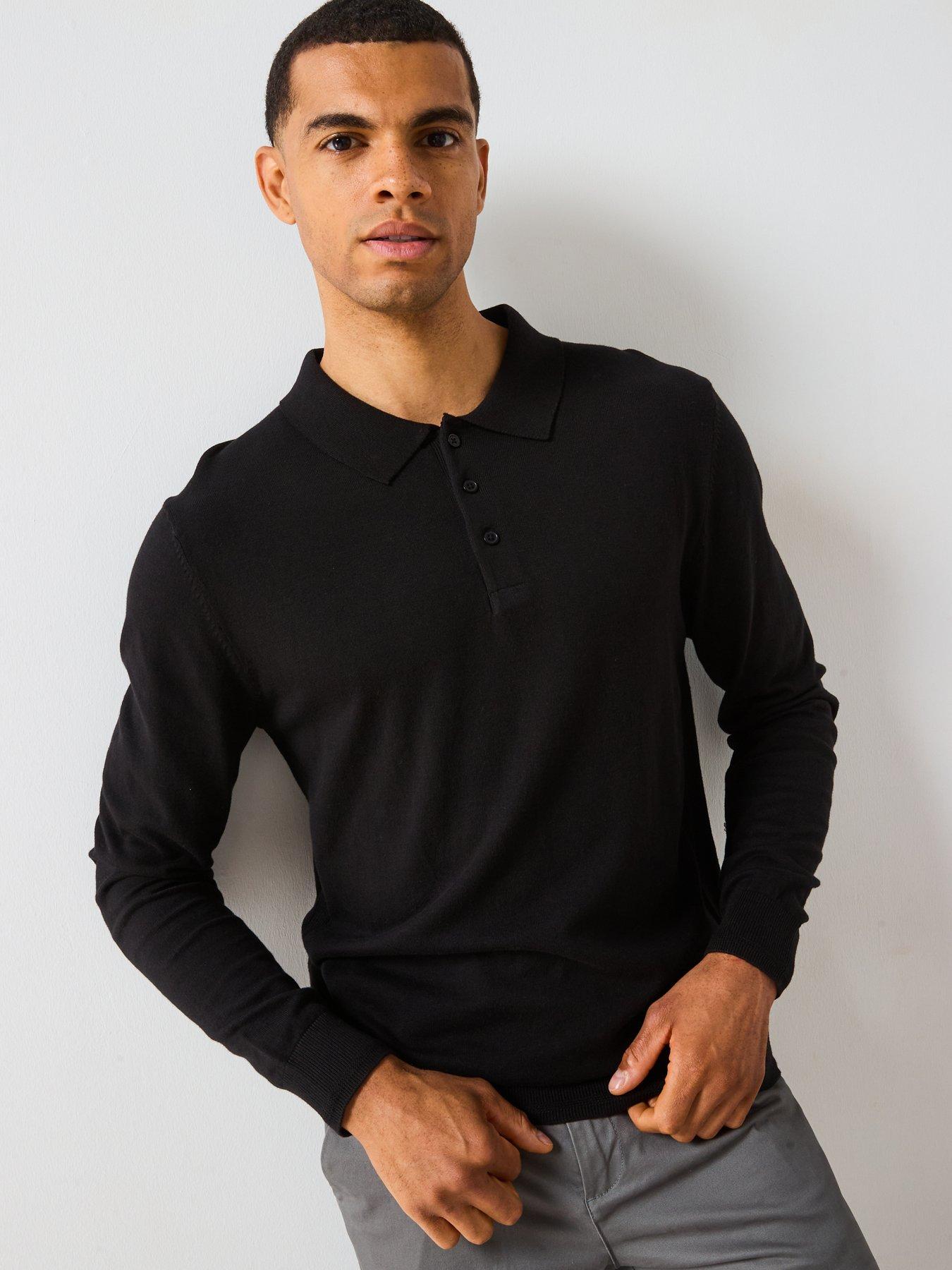  image of the-very-collection-cotton-rich-knitted-long-sleeve-polo-top-black