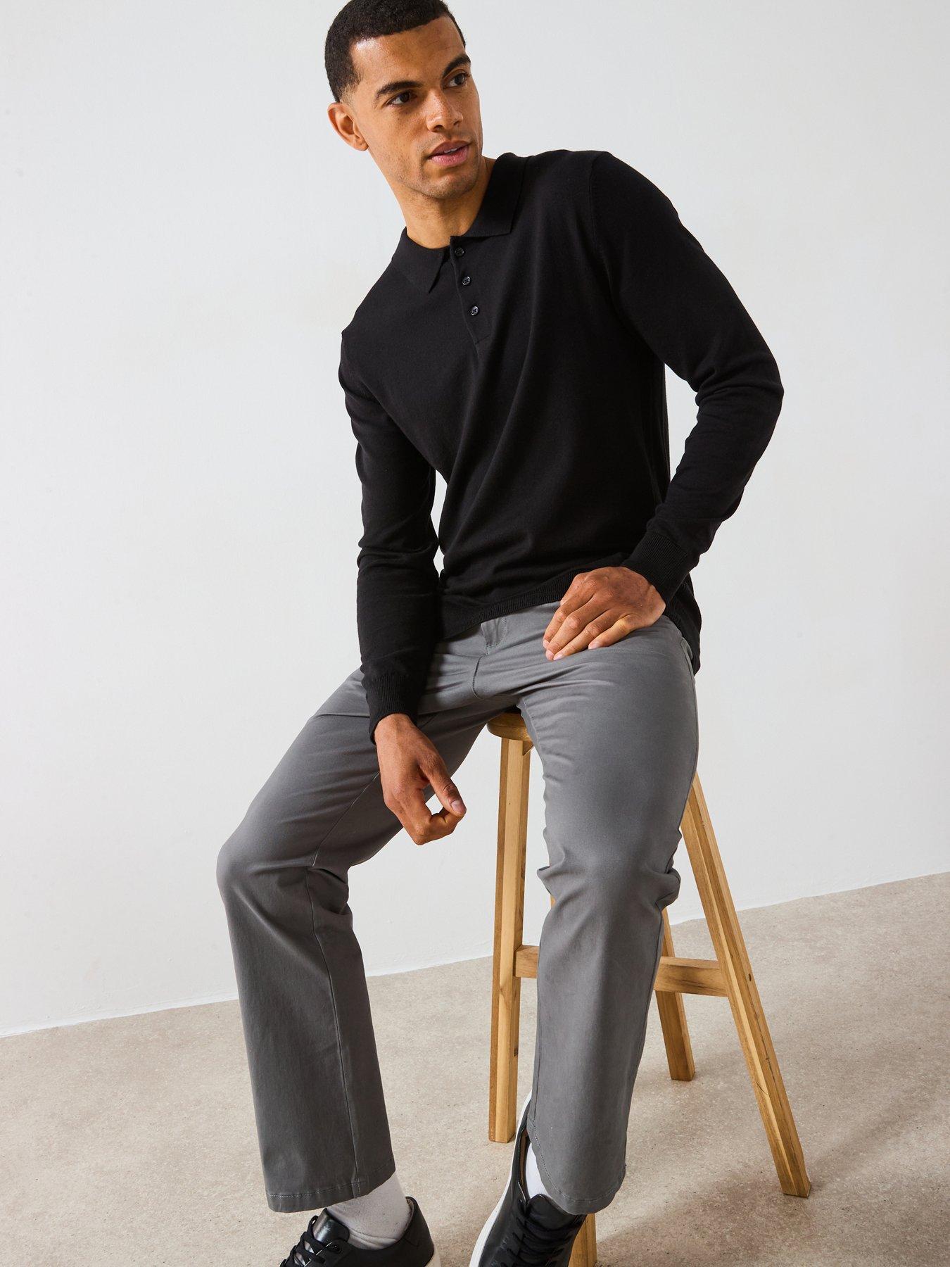  image of the-very-collection-cotton-rich-knitted-long-sleeve-polo-top-black