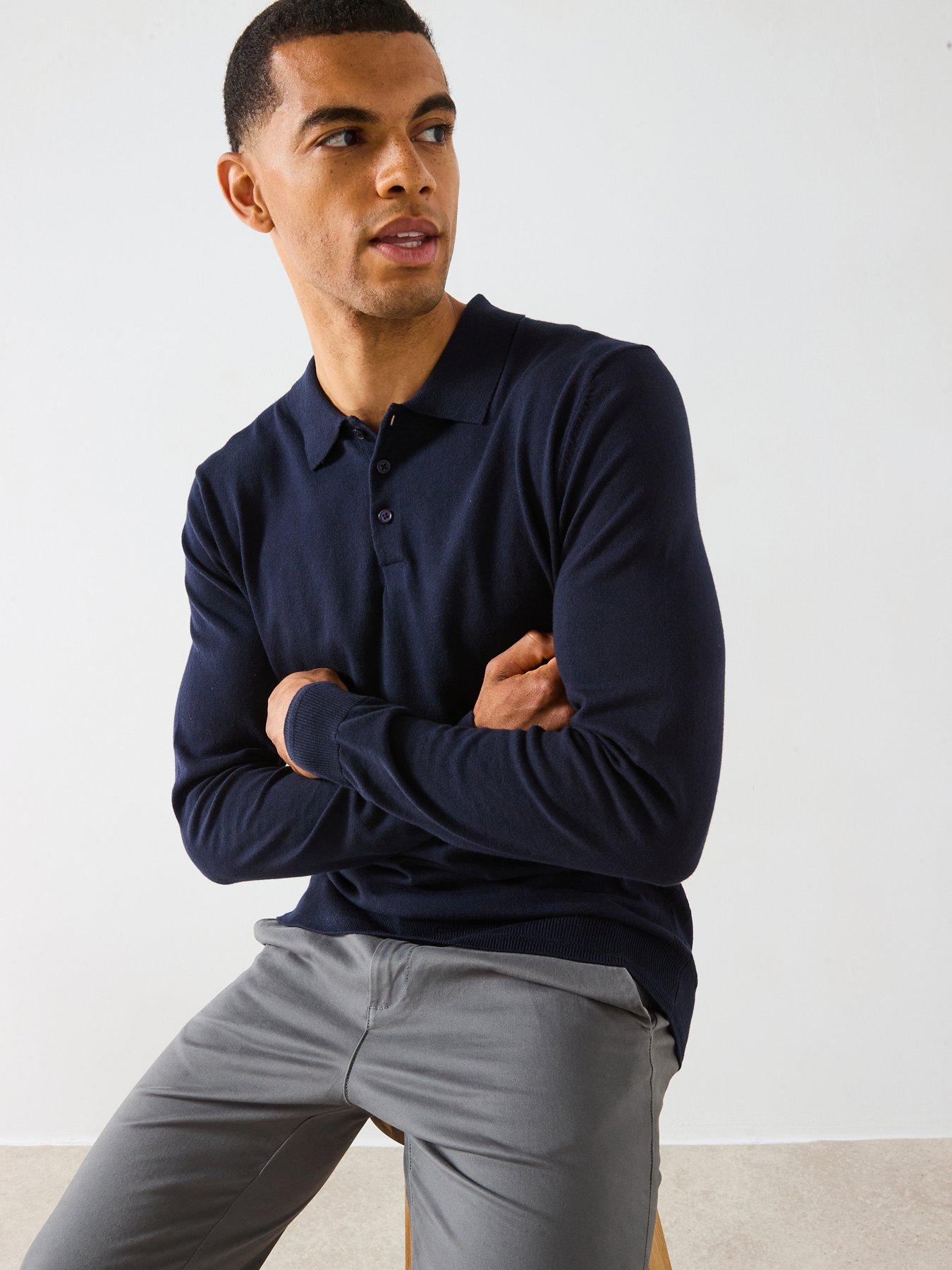 undefined Cotton Rich Knitted Long Sleeve Polo Top - Navy