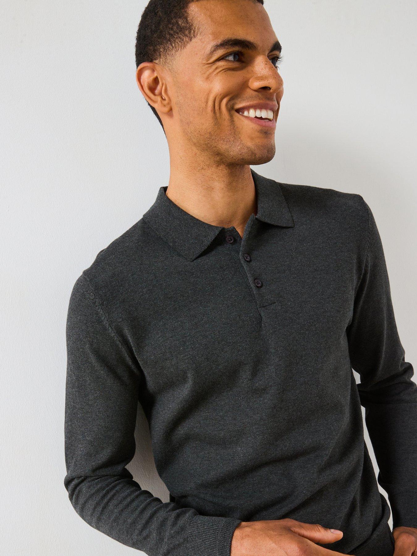  image of the-very-collection-cotton-rich-knitted-long-sleeve-polo-top-charcoal
