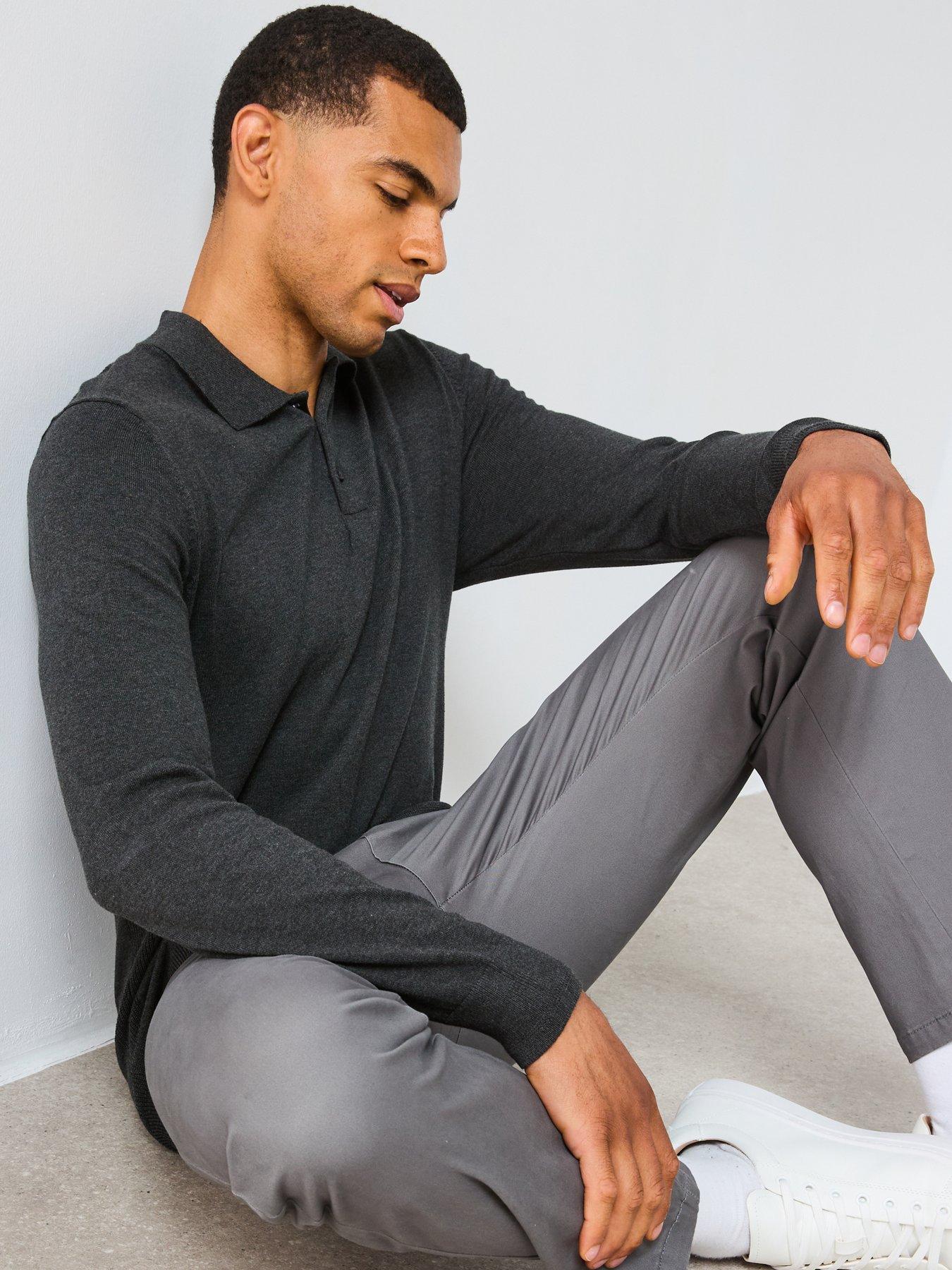  image of the-very-collection-cotton-rich-knitted-long-sleeve-polo-top-charcoal