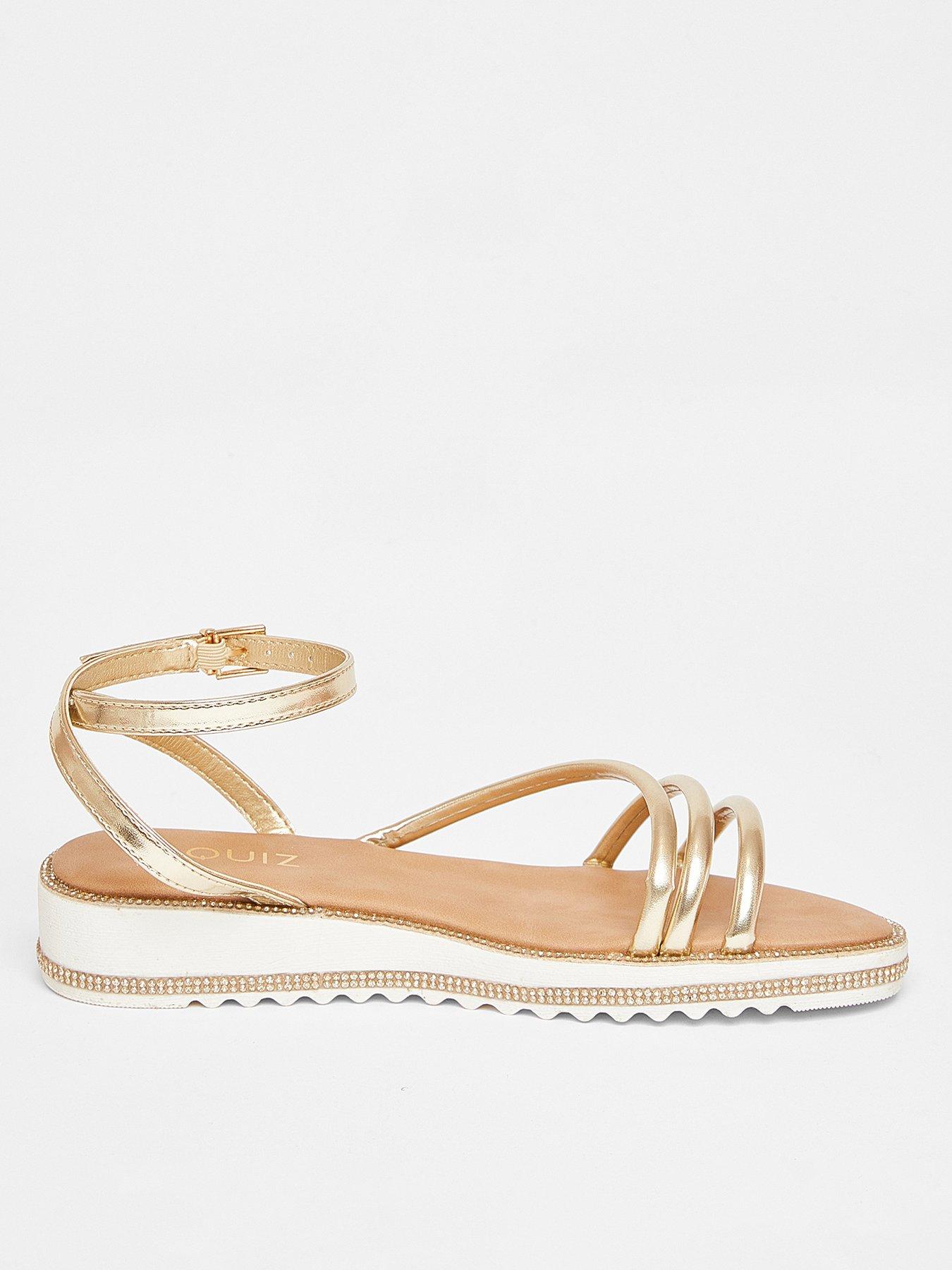 undefined Gold Strappy Diamante Flat Sandals