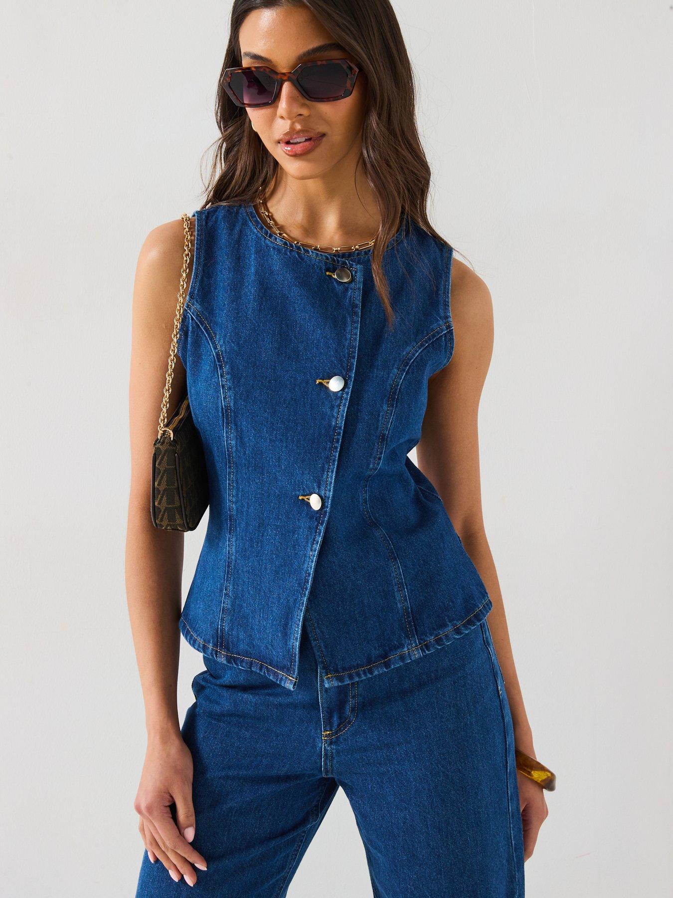 V by Very Denim Asymmetric Button Co-Ord Top - Mid Wash