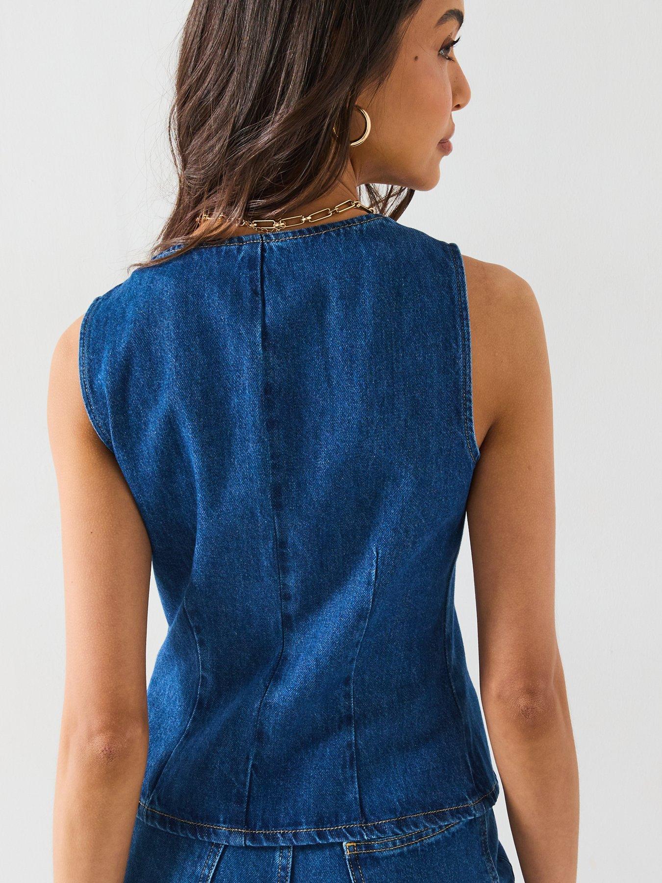  image of v-by-very-denim-asymmetric-button-co-ord-top-mid-wash